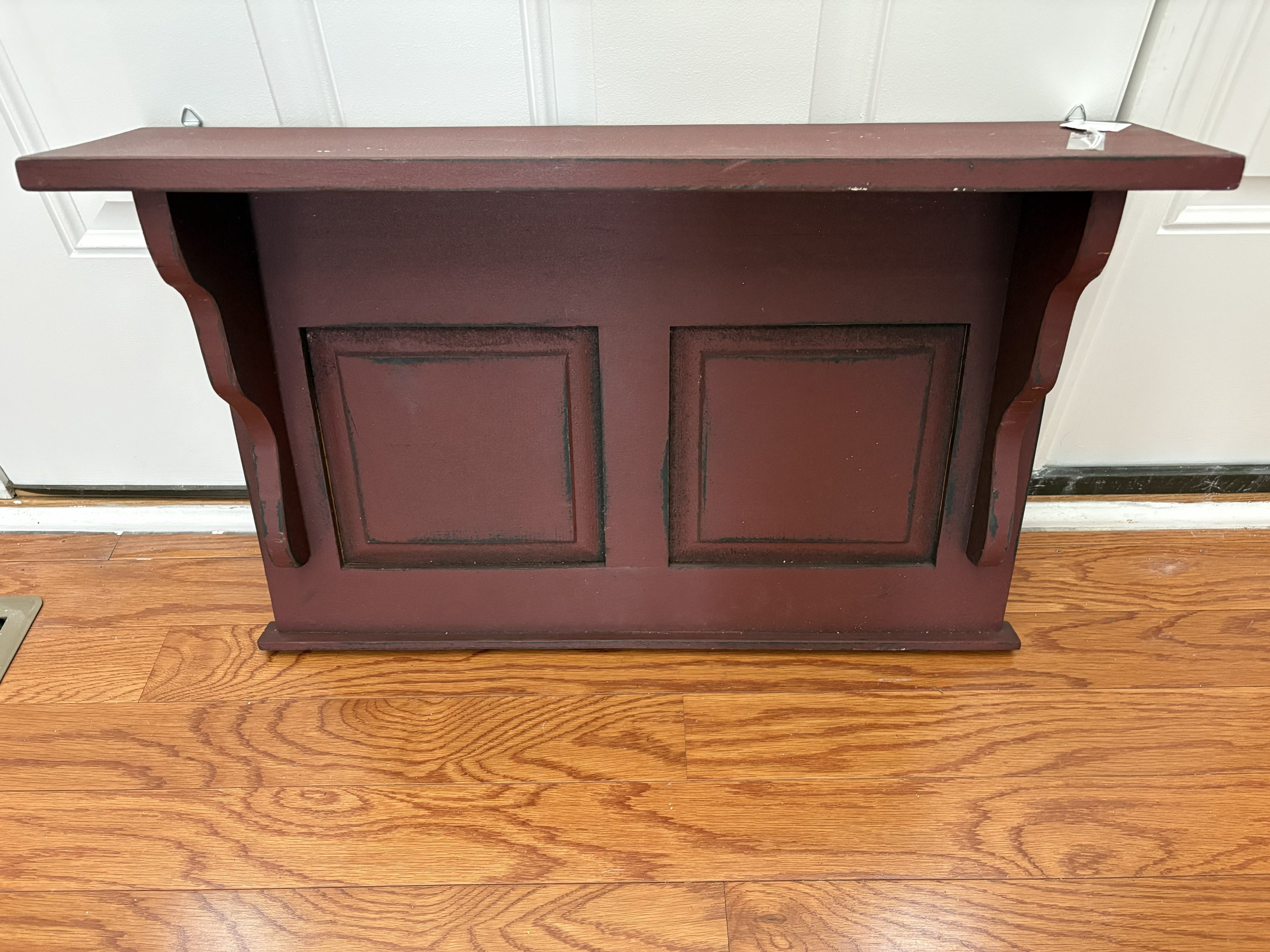 Primitive Barn Red Wood Wall Shelf with Raised Panel Detailing