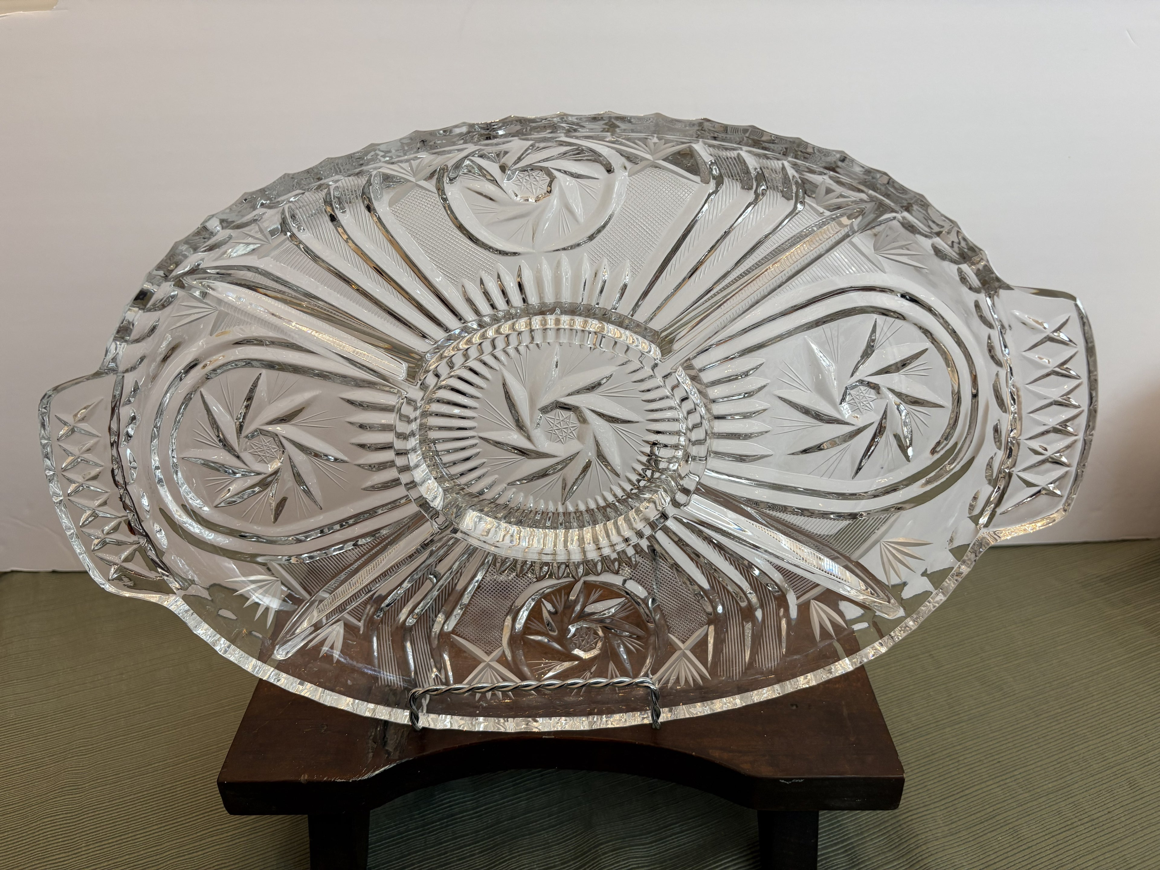 Pressed Glass Oval Platter with Pinwheel and Star Pattern — Large Handled Serving Tray