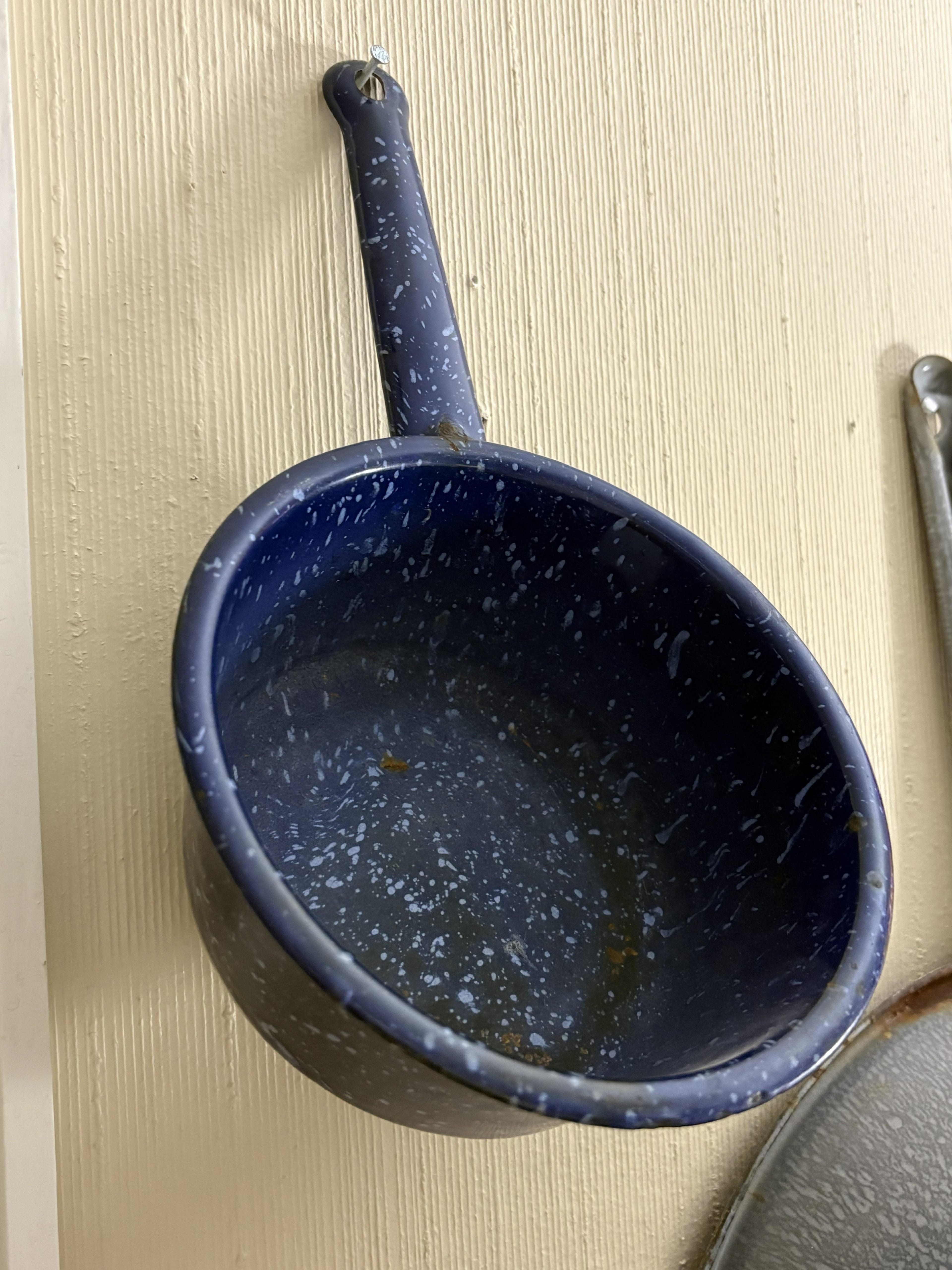 Cobalt Blue Speckled Enamelware Saucepan — Graniteware Camping Pot with Hanging Handle