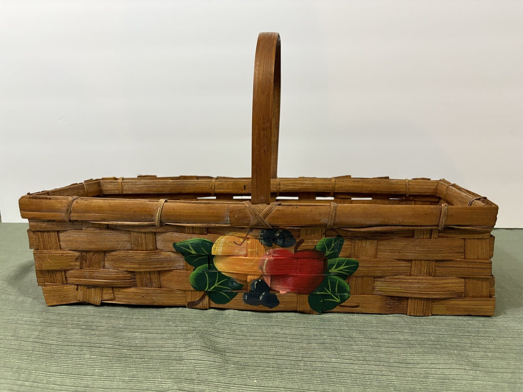 Hand-Painted Fruit Motif Woven Basket — Rectangular Bamboo Gathering Basket with Arched Handle