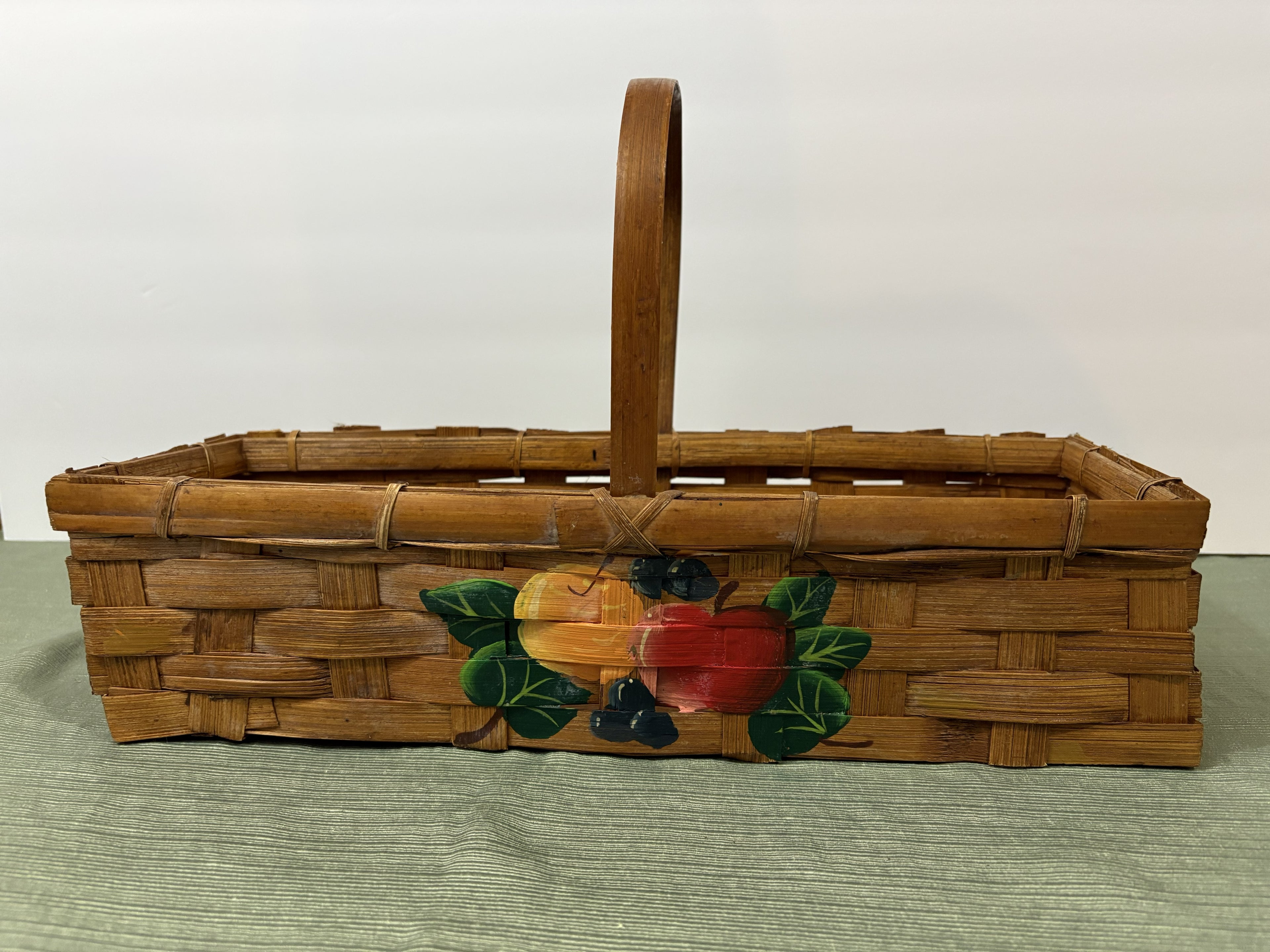 Hand-Painted Fruit Motif Woven Basket — Rectangular Bamboo Gathering Basket with Arched Handle