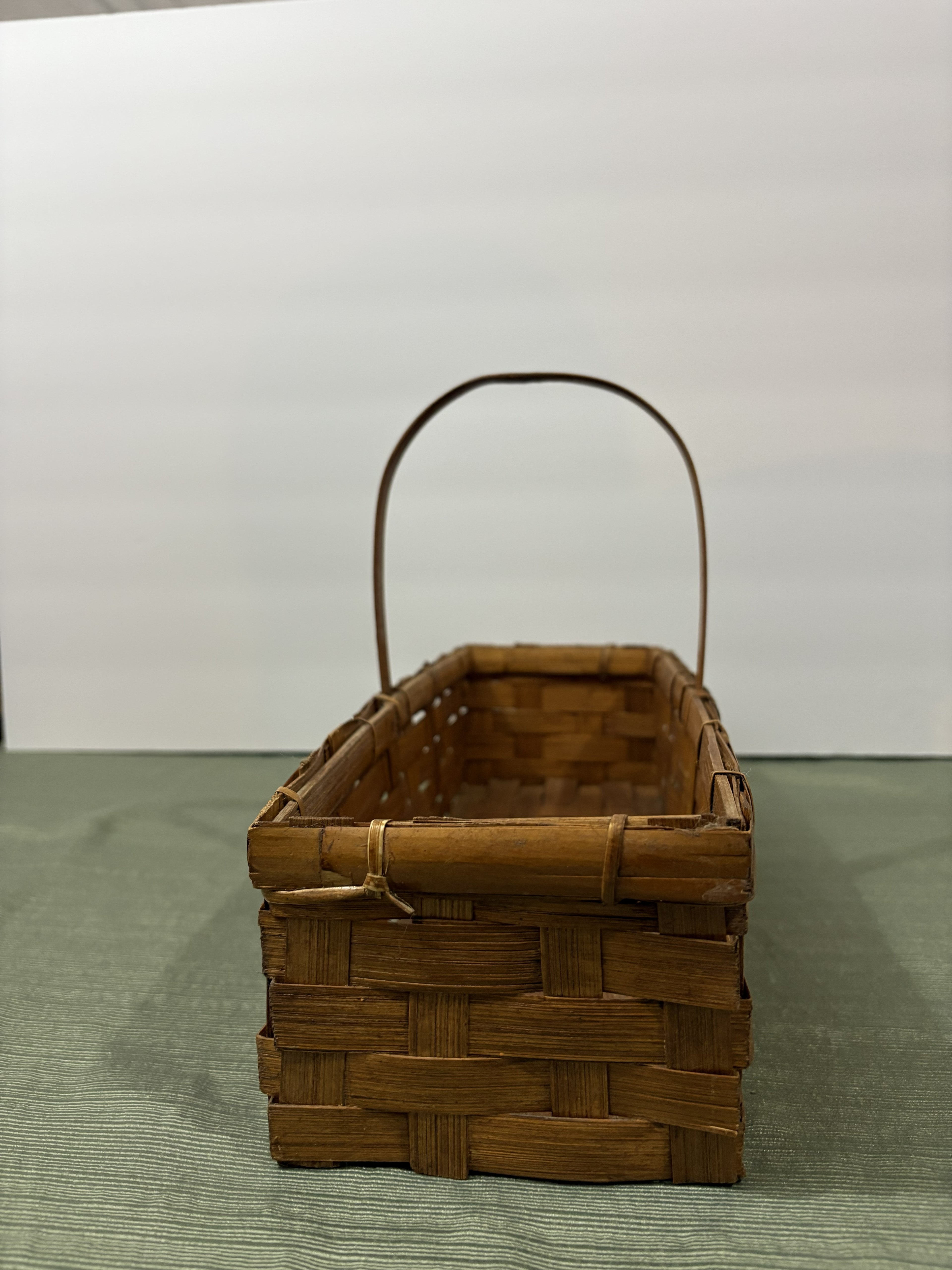 Hand-Painted Fruit Motif Woven Basket — Rectangular Bamboo Gathering Basket with Arched Handle