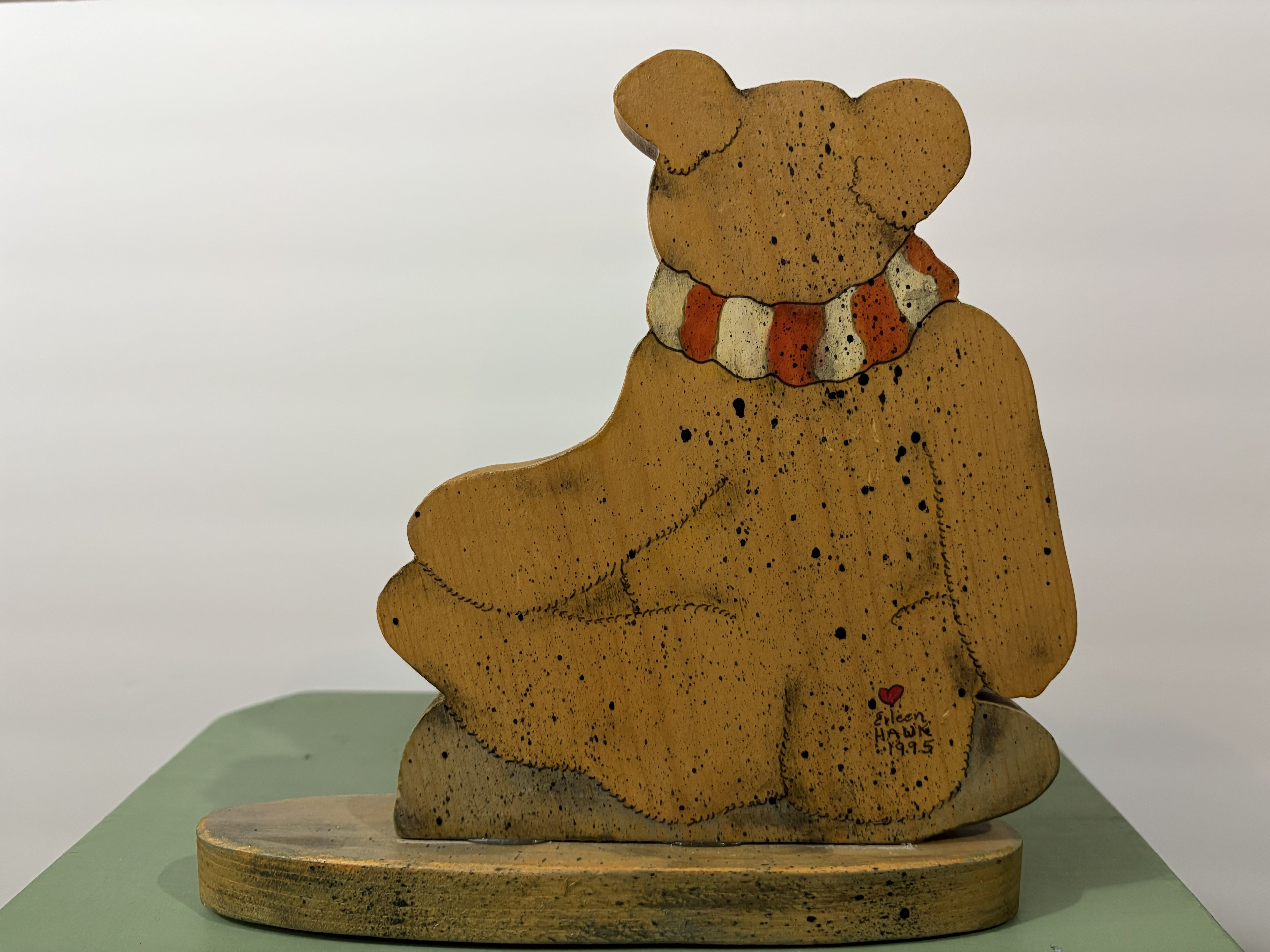 Hand-Painted Wooden Teddy Bear Folk Art Figure — Signed "Eileen Hawk 1995" with Striped Scarf and Toy Train