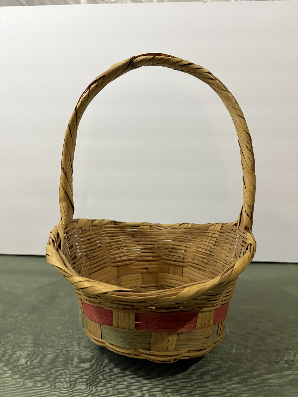 Woven Easter Basket with Pink and Green Striped Band — Tall Arched Handle