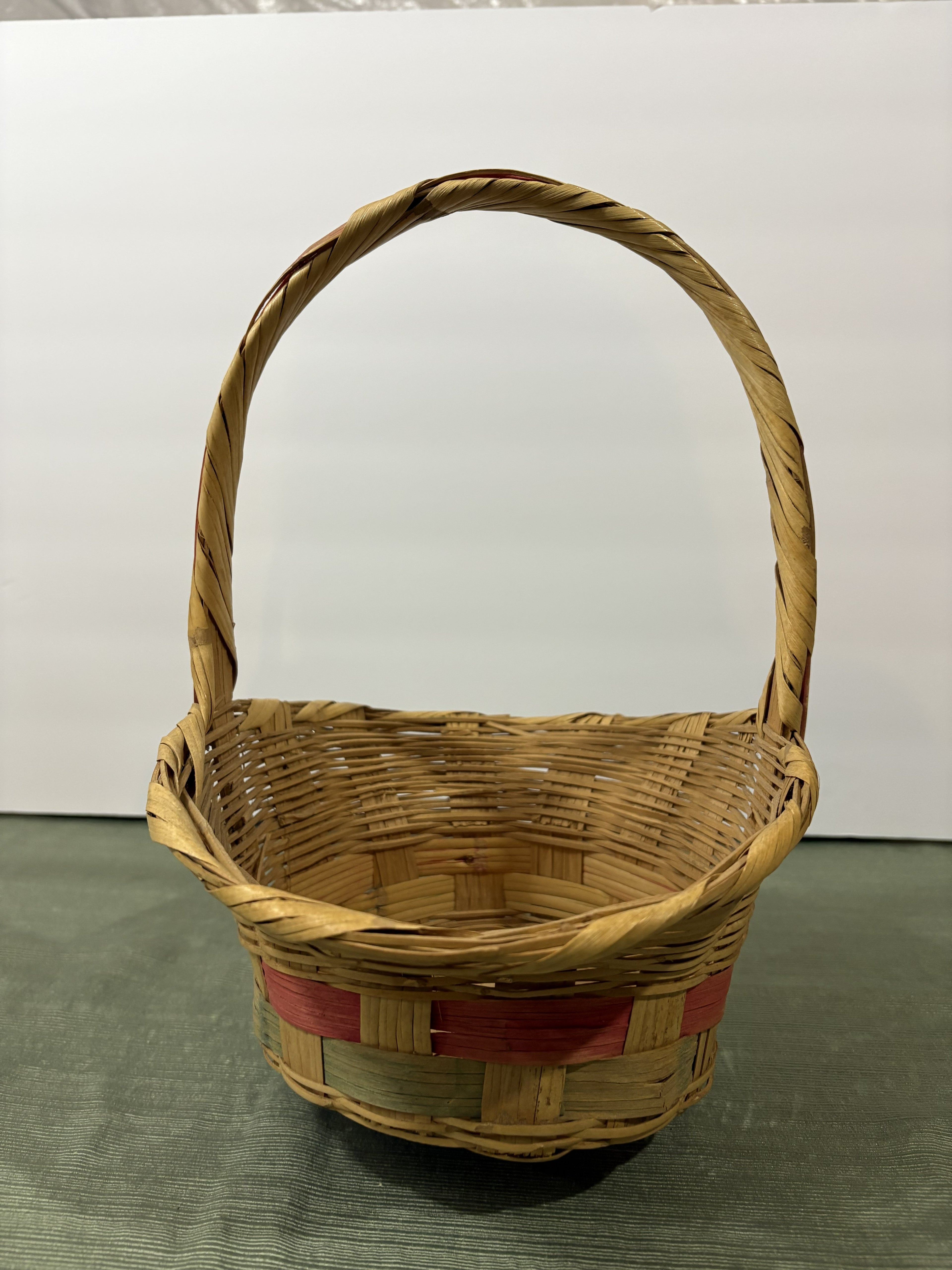 Woven Easter Basket with Pink and Green Striped Band — Tall Arched Handle