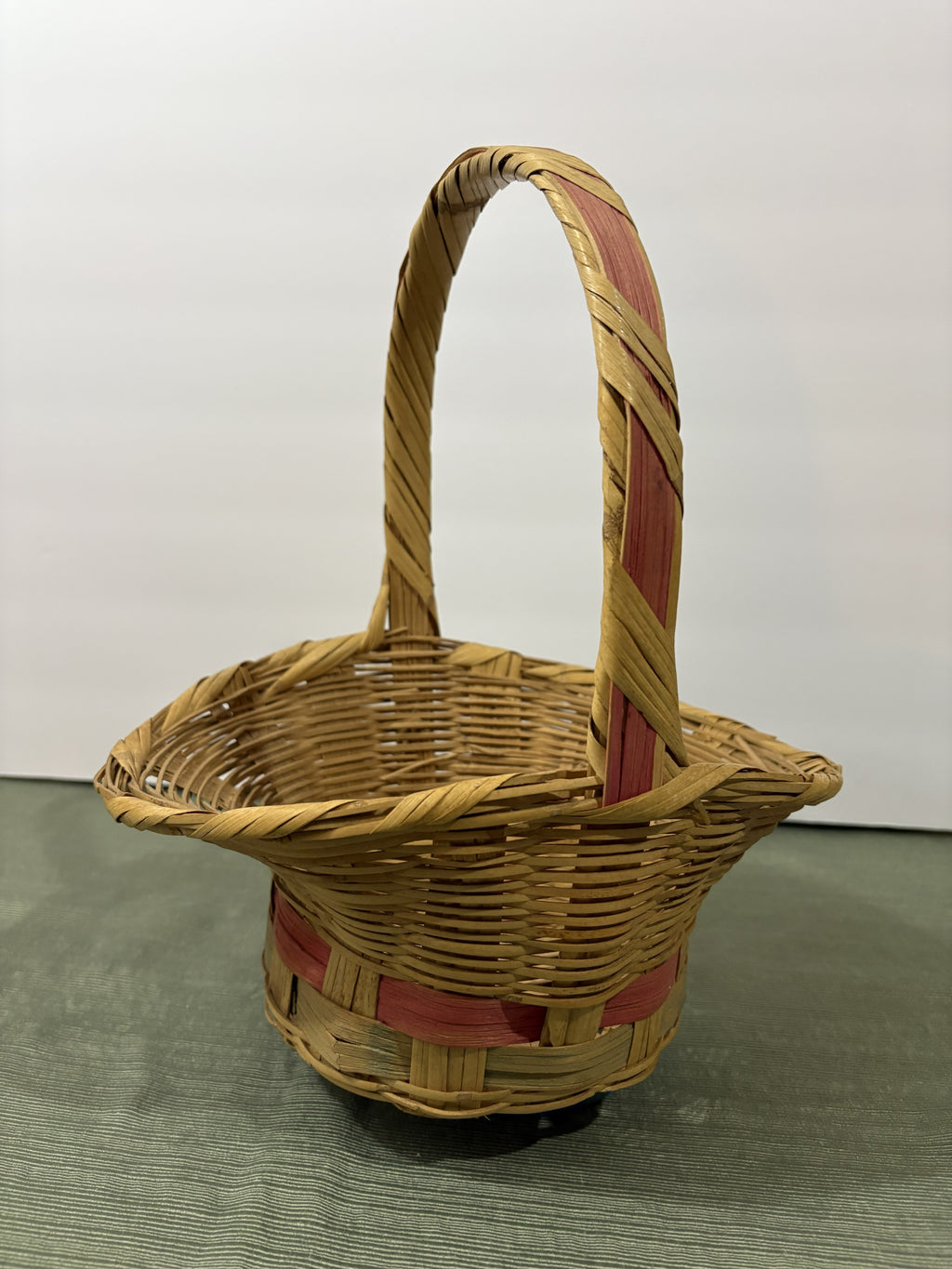 Woven Easter Basket with Pink and Green Striped Band — Tall Arched Handle