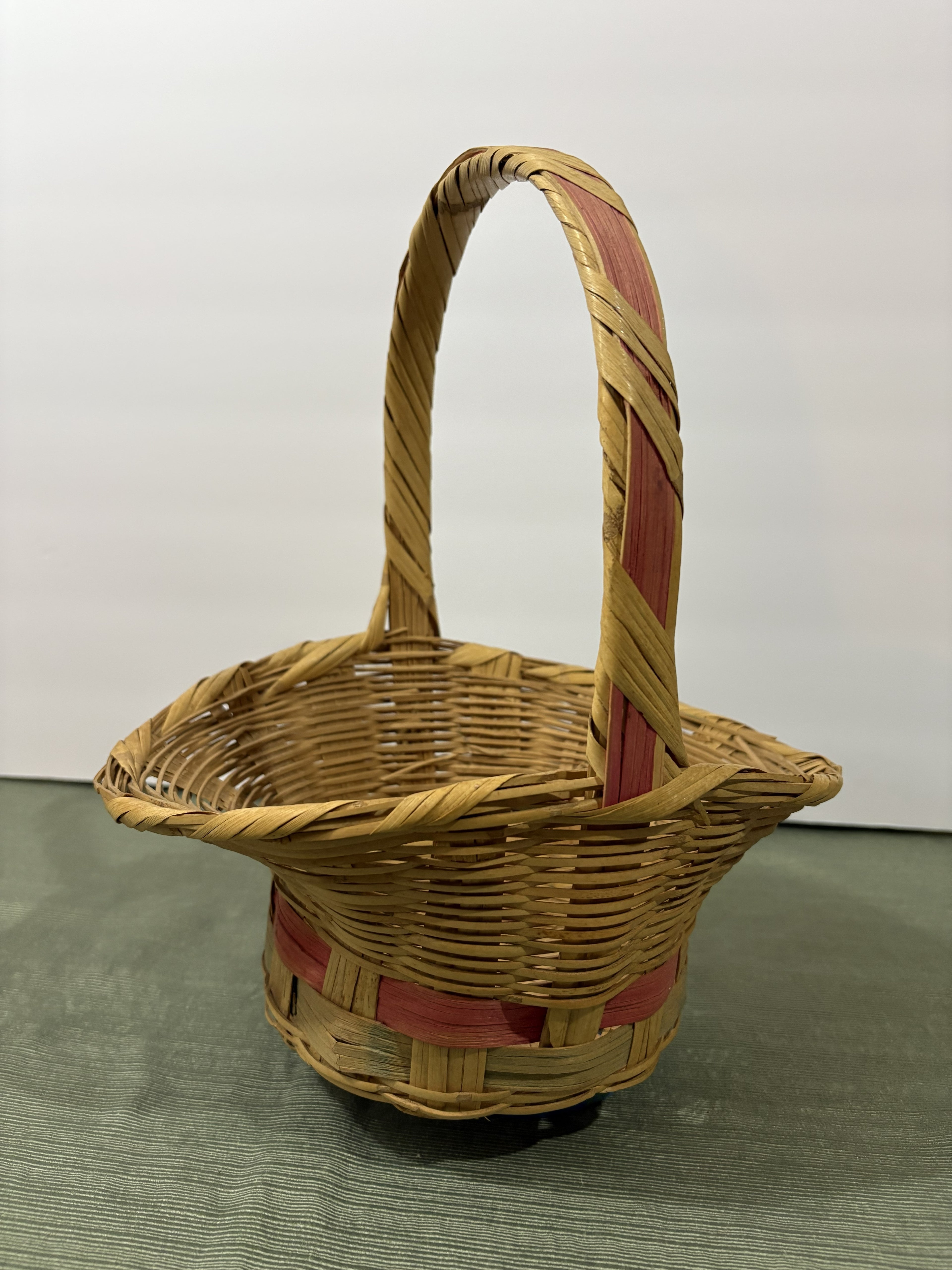 Woven Easter Basket with Pink and Green Striped Band — Tall Arched Handle