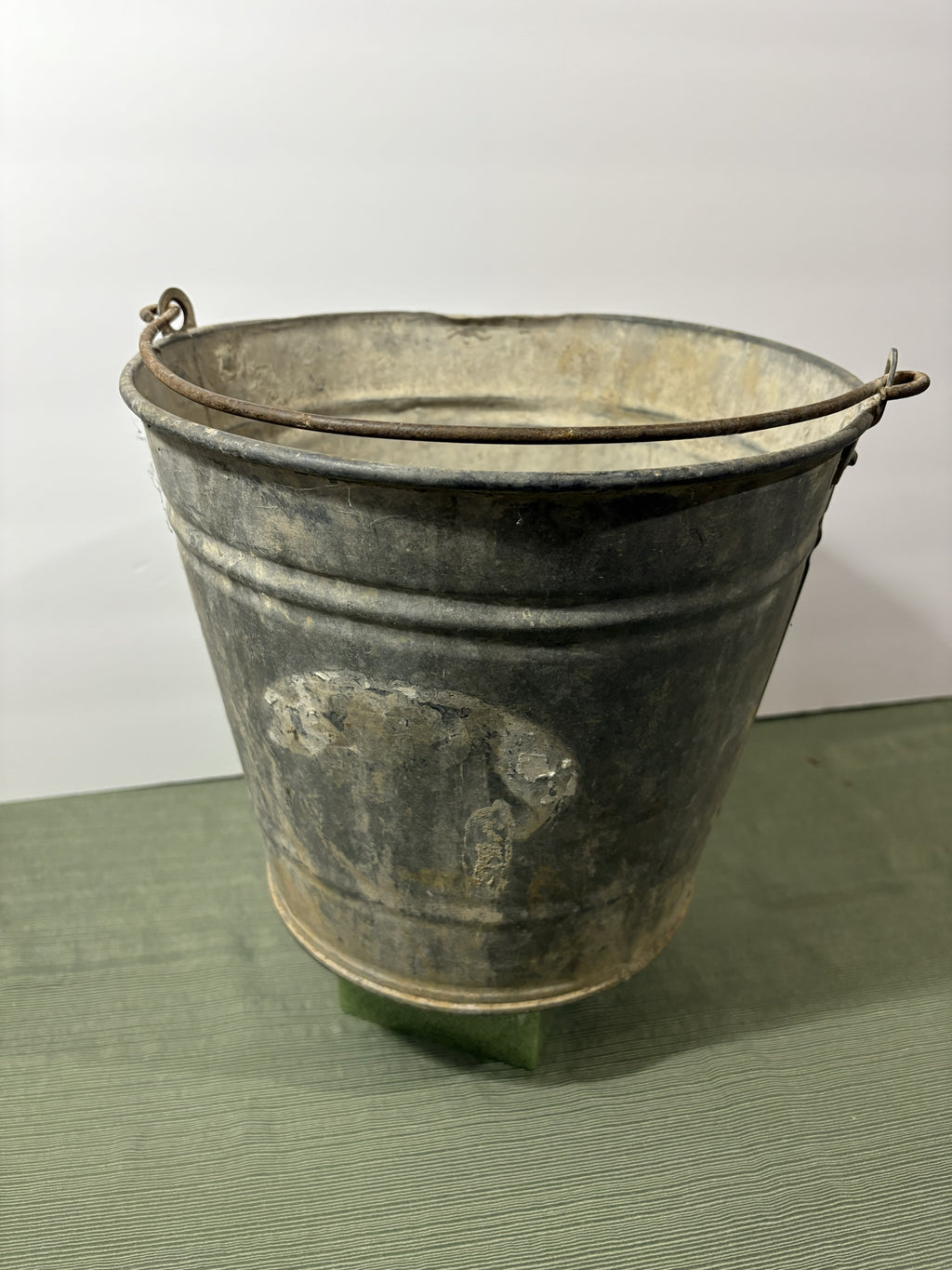 Vintage Galvanized Steel Bucket with Wire Bail Handle — Authentic Patina Farmhouse Pail, Mid-Century