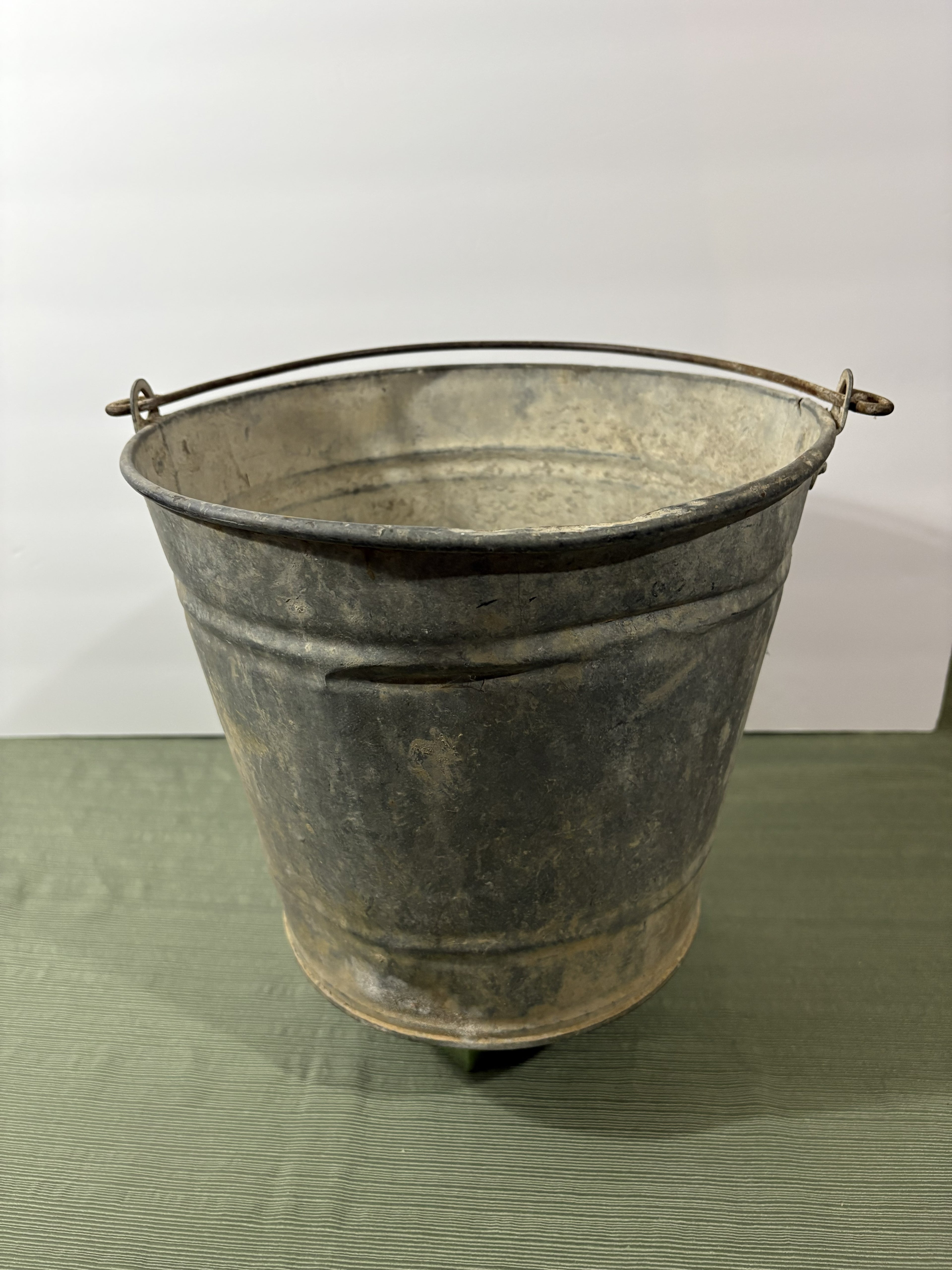 Vintage Galvanized Steel Bucket with Wire Bail Handle — Authentic Patina Farmhouse Pail, Mid-Century