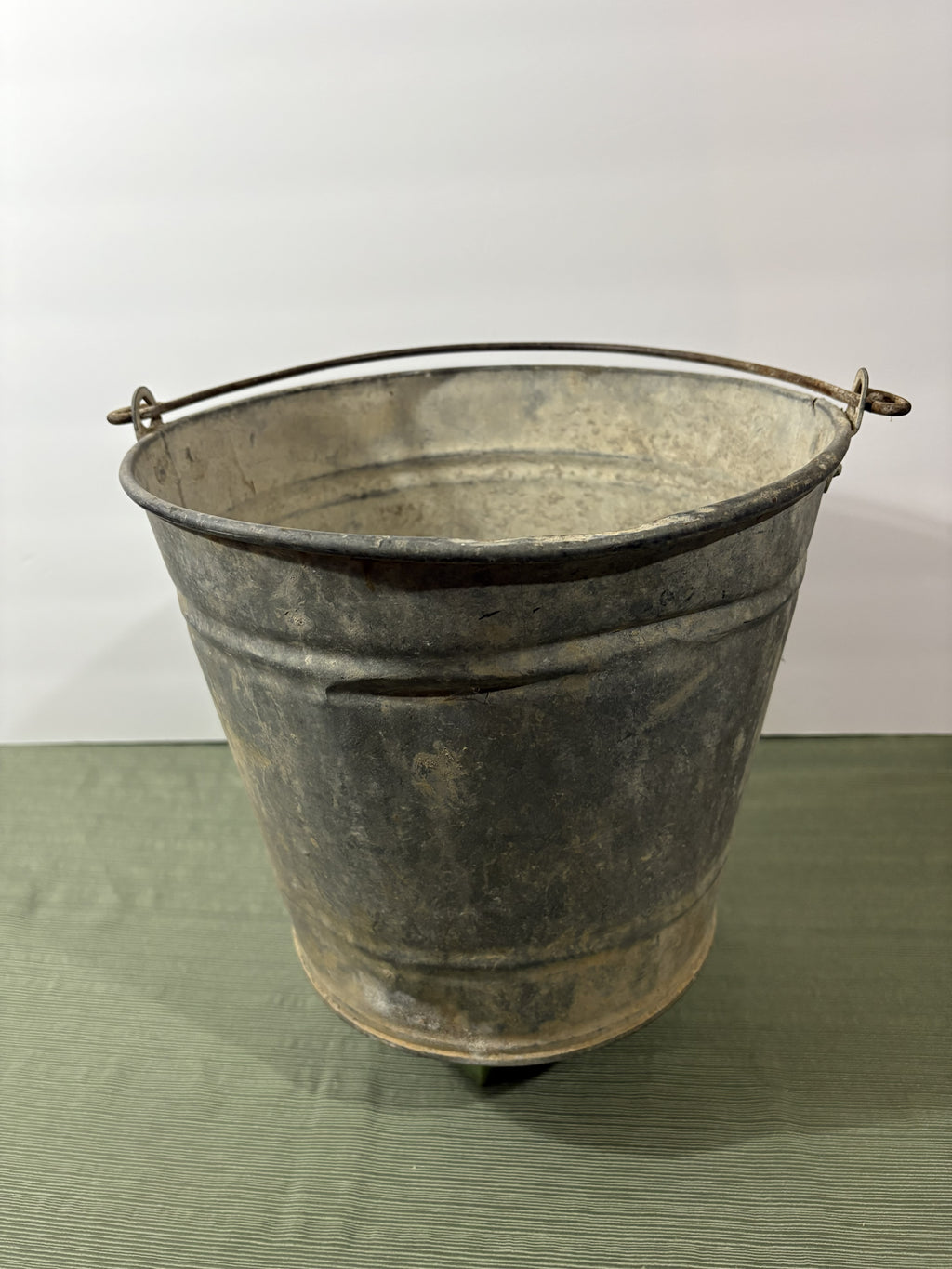Vintage Galvanized Steel Bucket with Wire Bail Handle — Authentic Patina Farmhouse Pail, Mid-Century