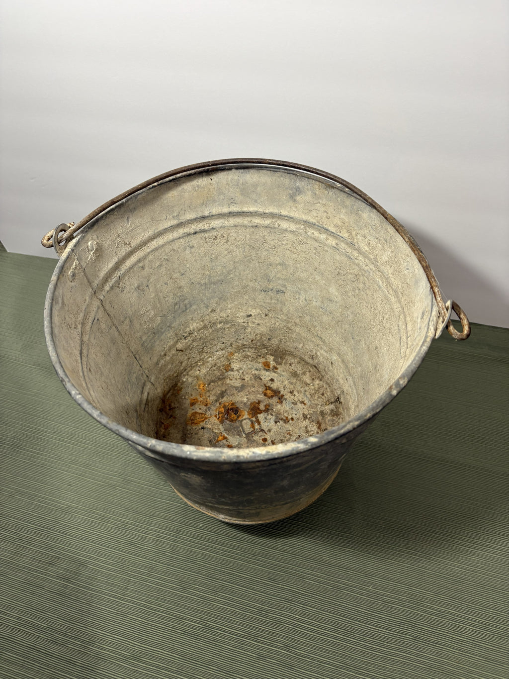 Vintage Galvanized Steel Bucket with Wire Bail Handle — Authentic Patina Farmhouse Pail, Mid-Century
