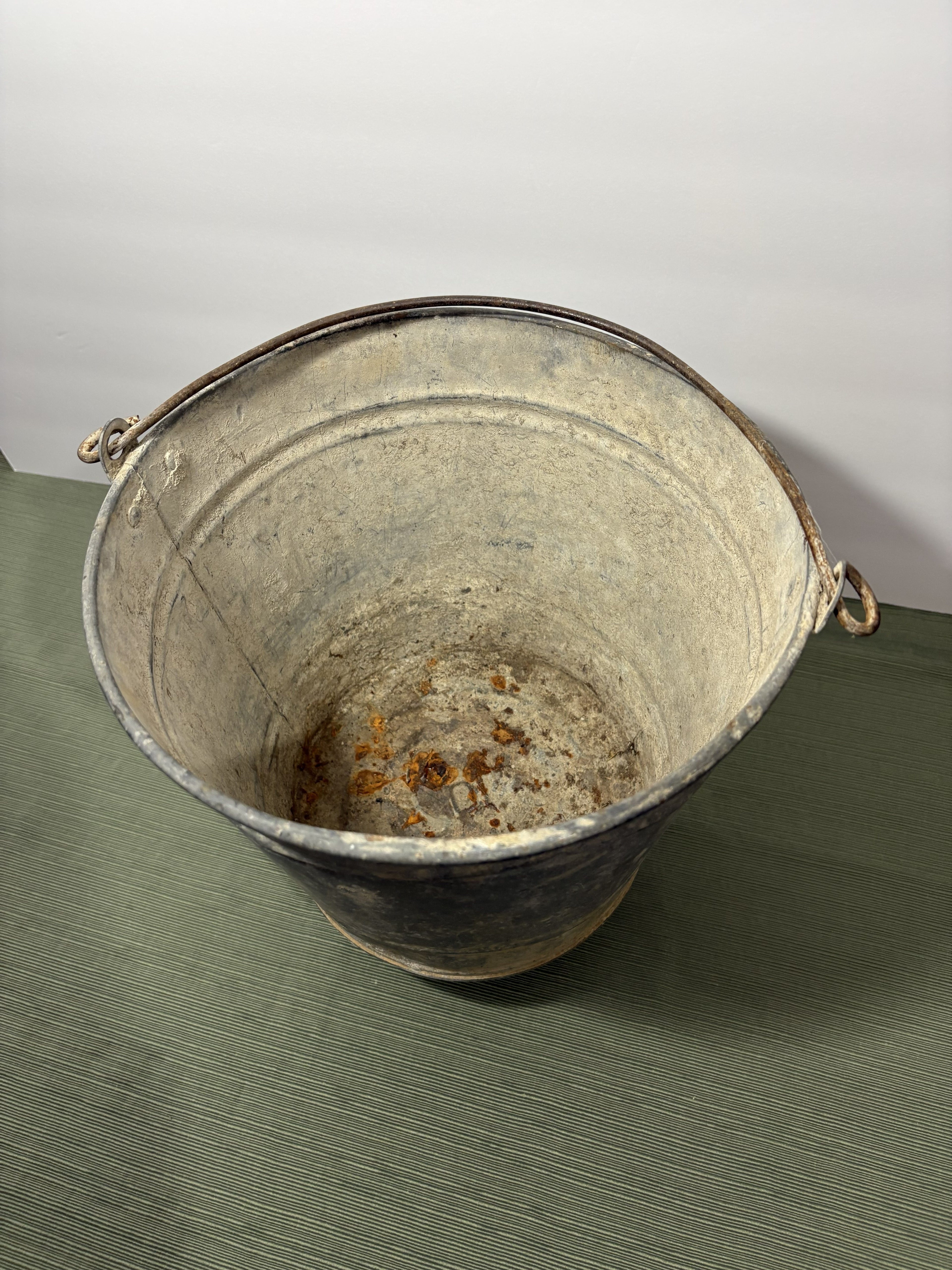 Vintage Galvanized Steel Bucket with Wire Bail Handle — Authentic Patina Farmhouse Pail, Mid-Century