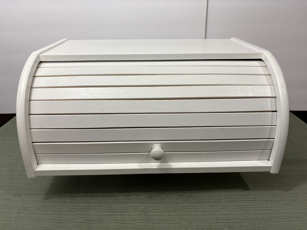 White Wooden Roll-Top Bread Box — Tambour Front Farmhouse Kitchen Counter Storage
