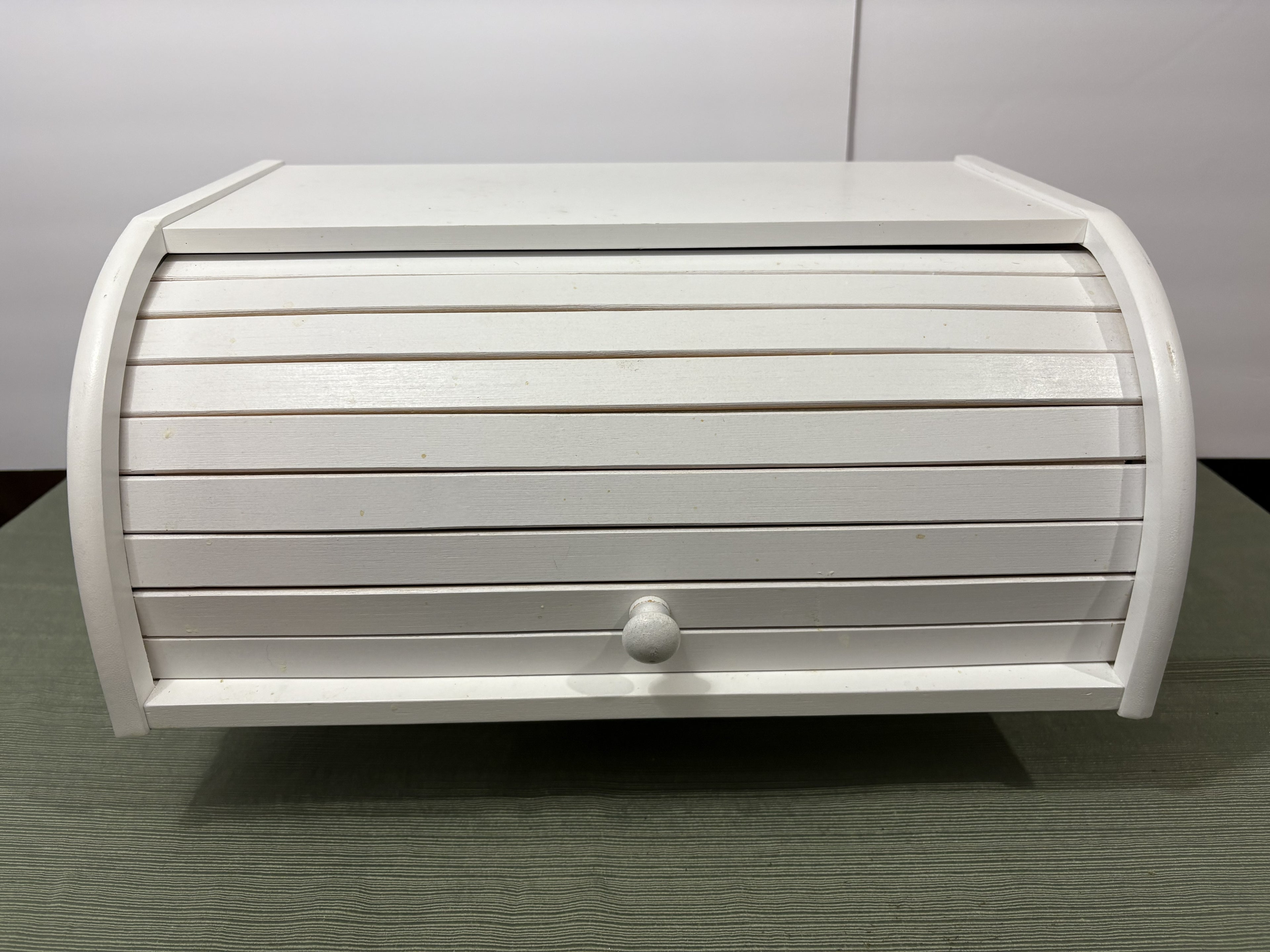 White Wooden Roll-Top Bread Box — Tambour Front Farmhouse Kitchen Counter Storage