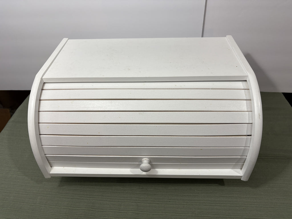 White Wooden Roll-Top Bread Box — Tambour Front Farmhouse Kitchen Counter Storage