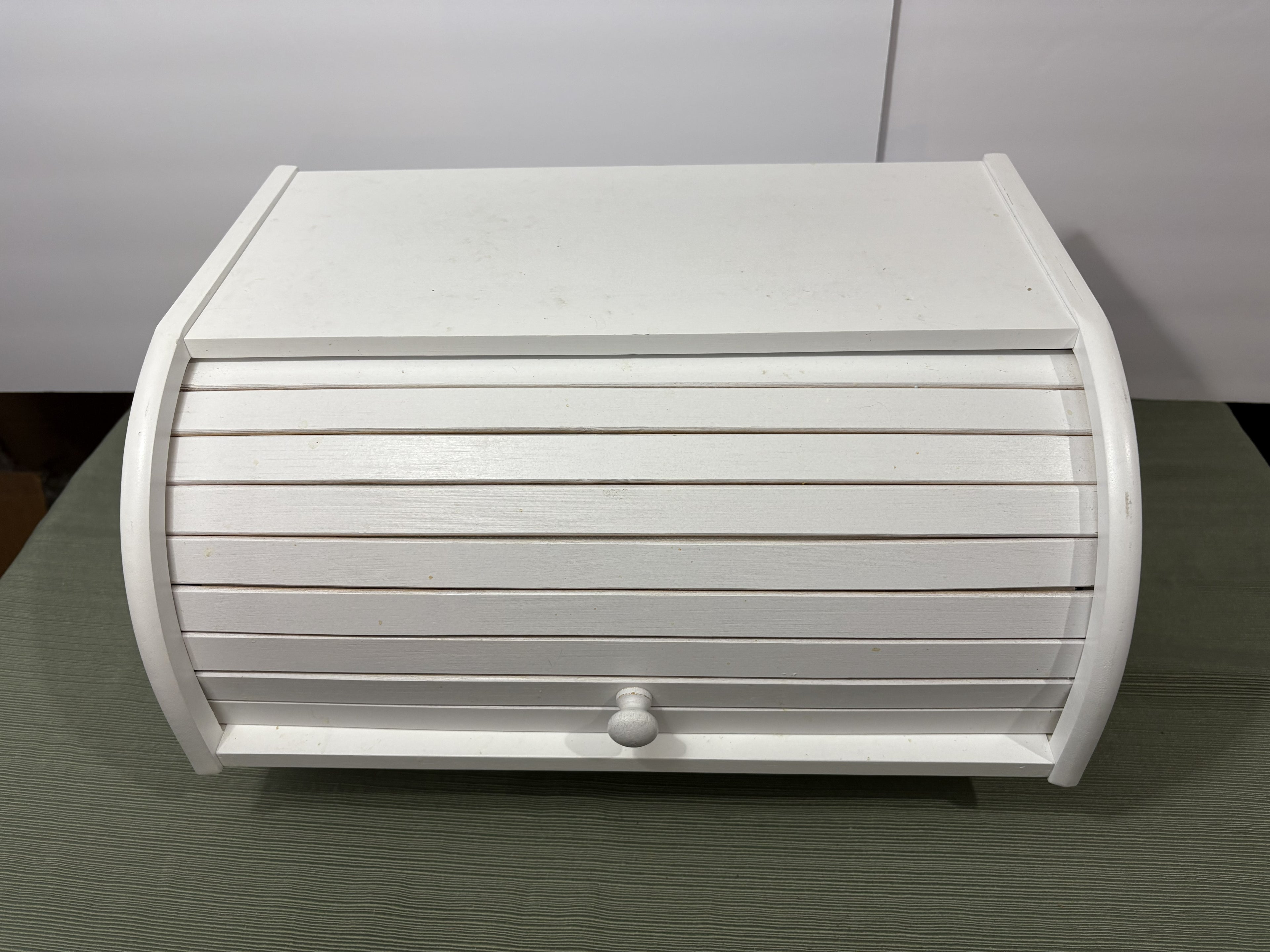 White Wooden Roll-Top Bread Box — Tambour Front Farmhouse Kitchen Counter Storage
