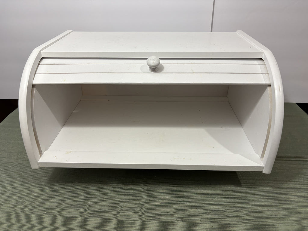 White Wooden Roll-Top Bread Box — Tambour Front Farmhouse Kitchen Counter Storage
