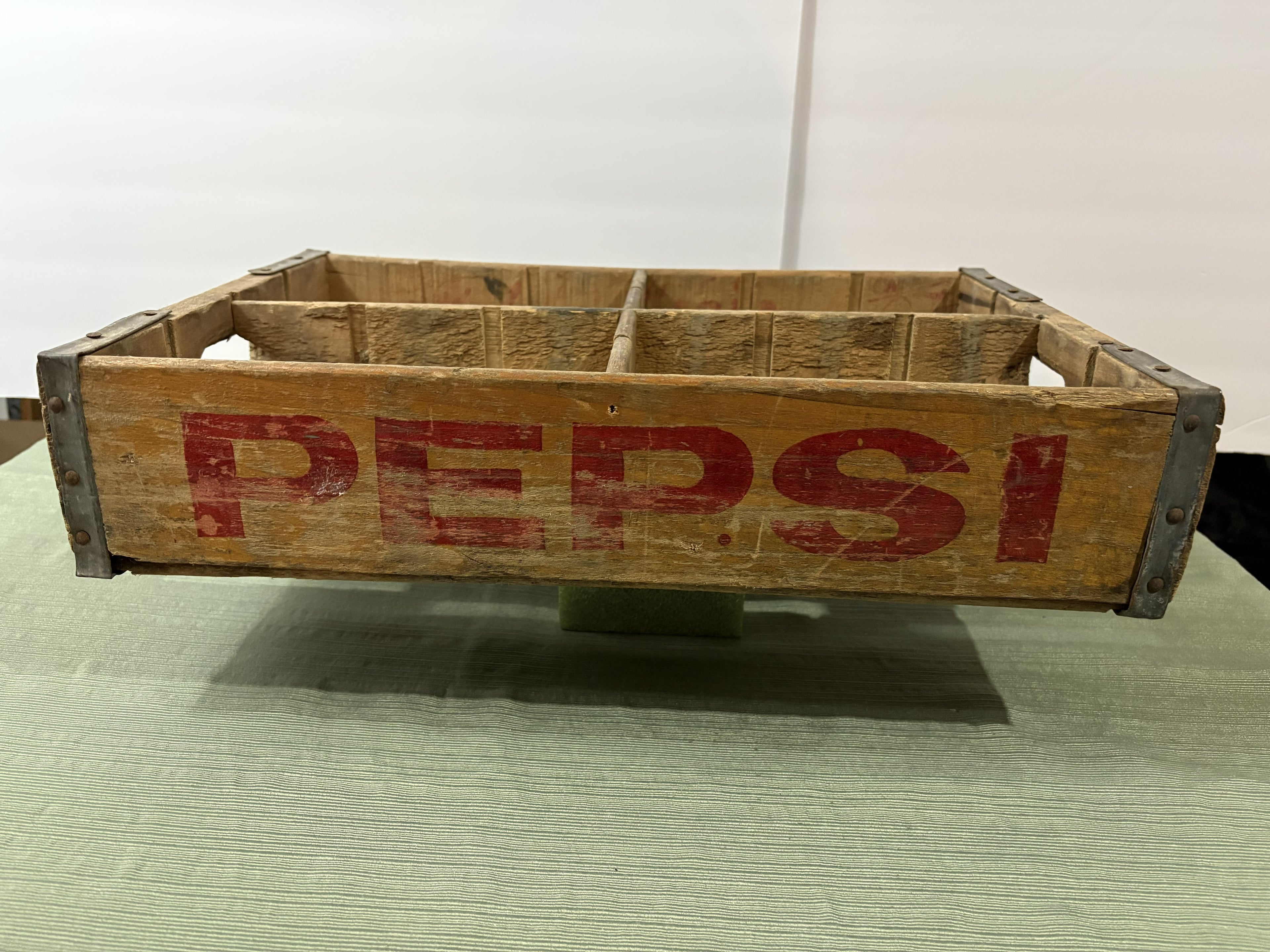 Vintage 1960s-70s Pepsi Cola Wooden Bottle Crate — Authentic Red PEPSI Logo, Divided Compartments, Metal Reinforced Corners