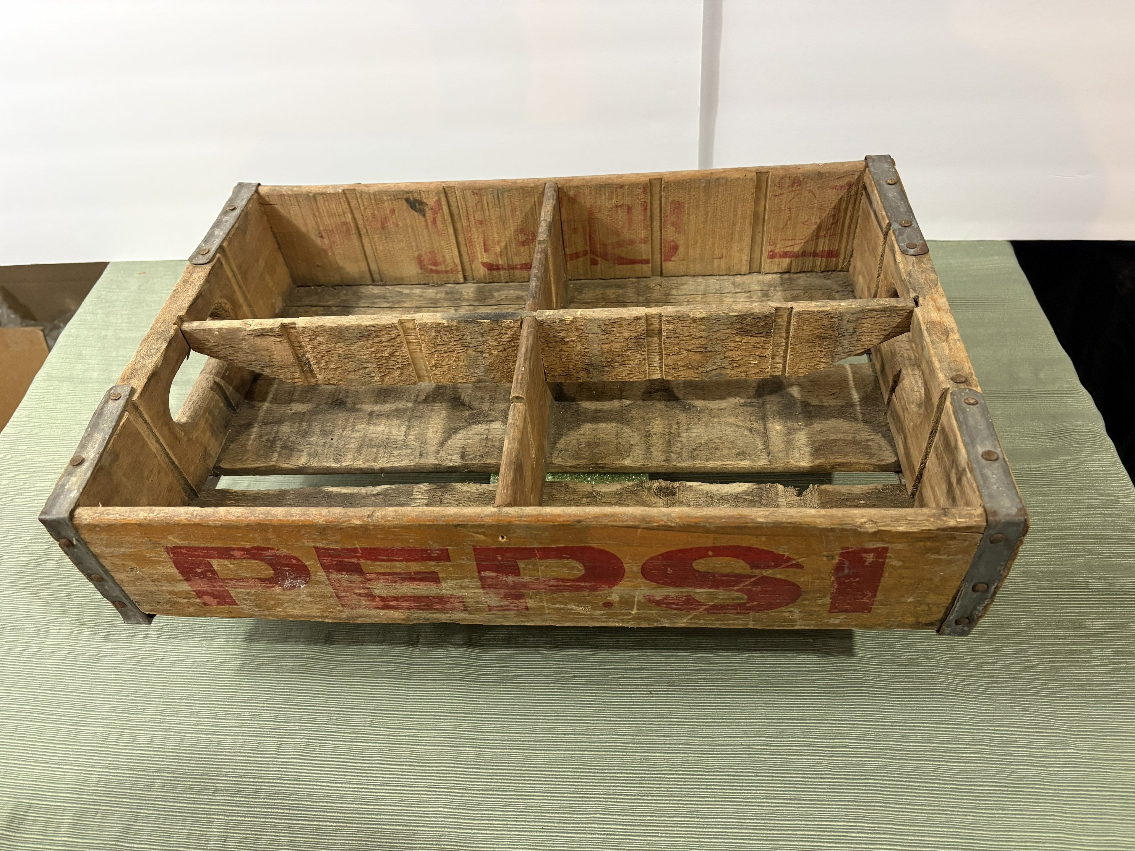 Vintage 1960s-70s Pepsi Cola Wooden Bottle Crate — Authentic Red PEPSI Logo, Divided Compartments, Metal Reinforced Corners