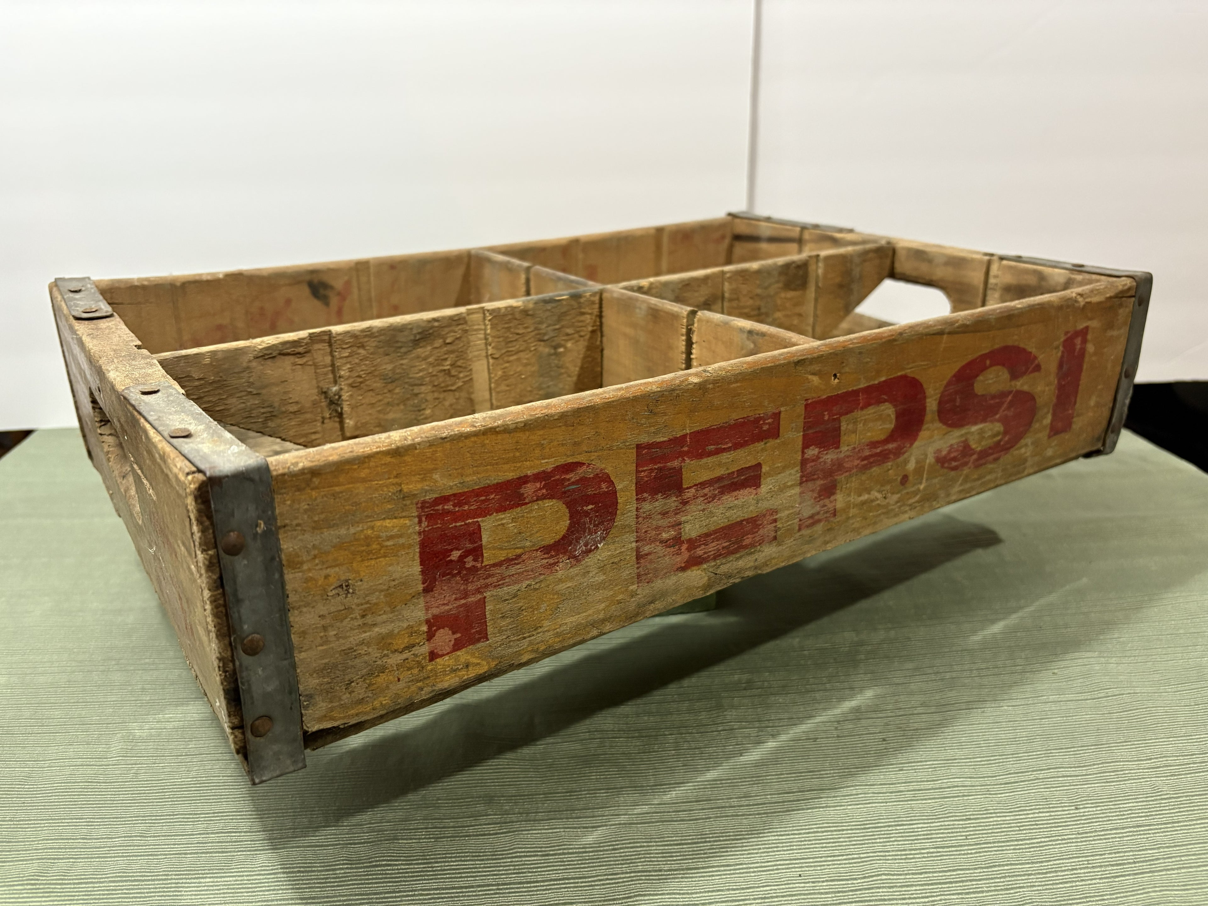 Vintage 1960s-70s Pepsi Cola Wooden Bottle Crate — Authentic Red PEPSI Logo, Divided Compartments, Metal Reinforced Corners