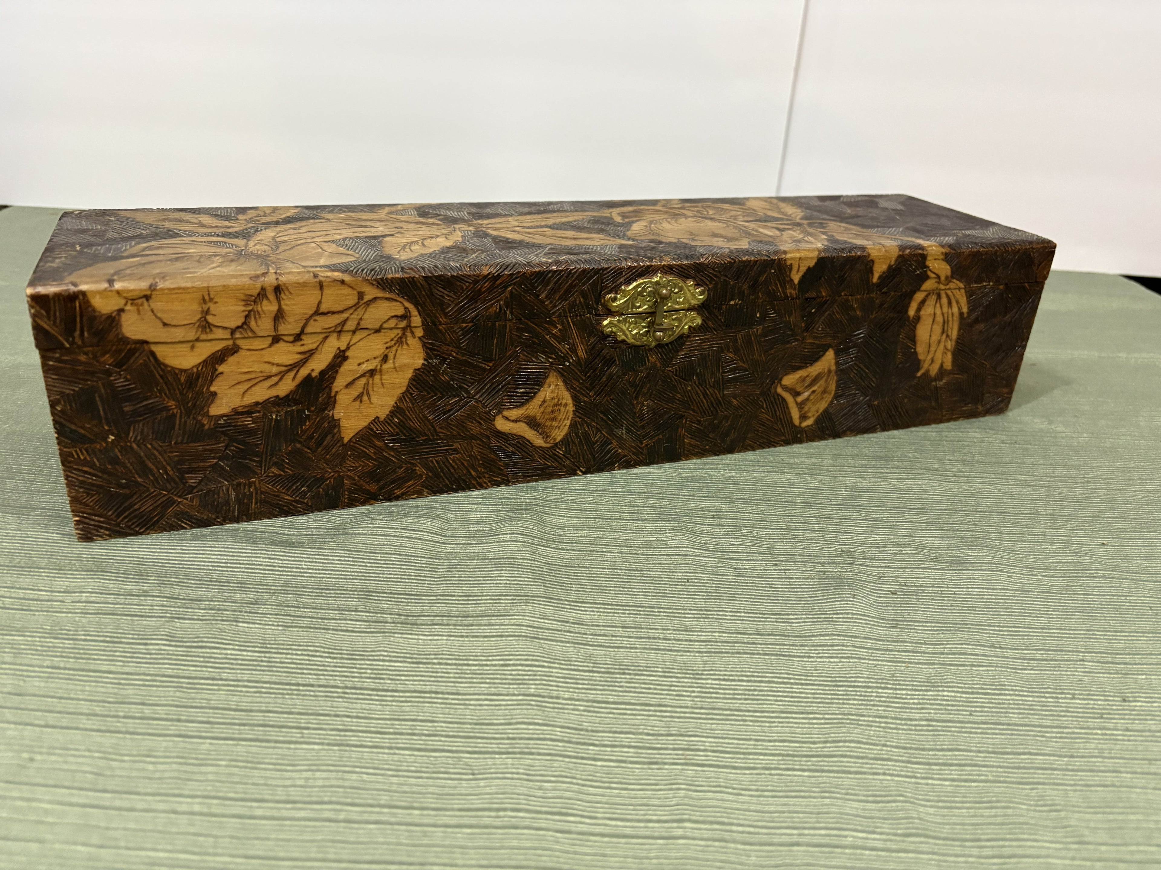 Edwardian Pyrography Wood-Burned Glove Box — Art Nouveau Floral Design with Original Pink Silk Ruched Lining