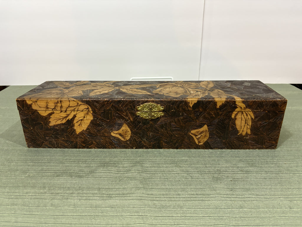 Edwardian Pyrography Wood-Burned Glove Box — Art Nouveau Floral Design with Original Pink Silk Ruched Lining