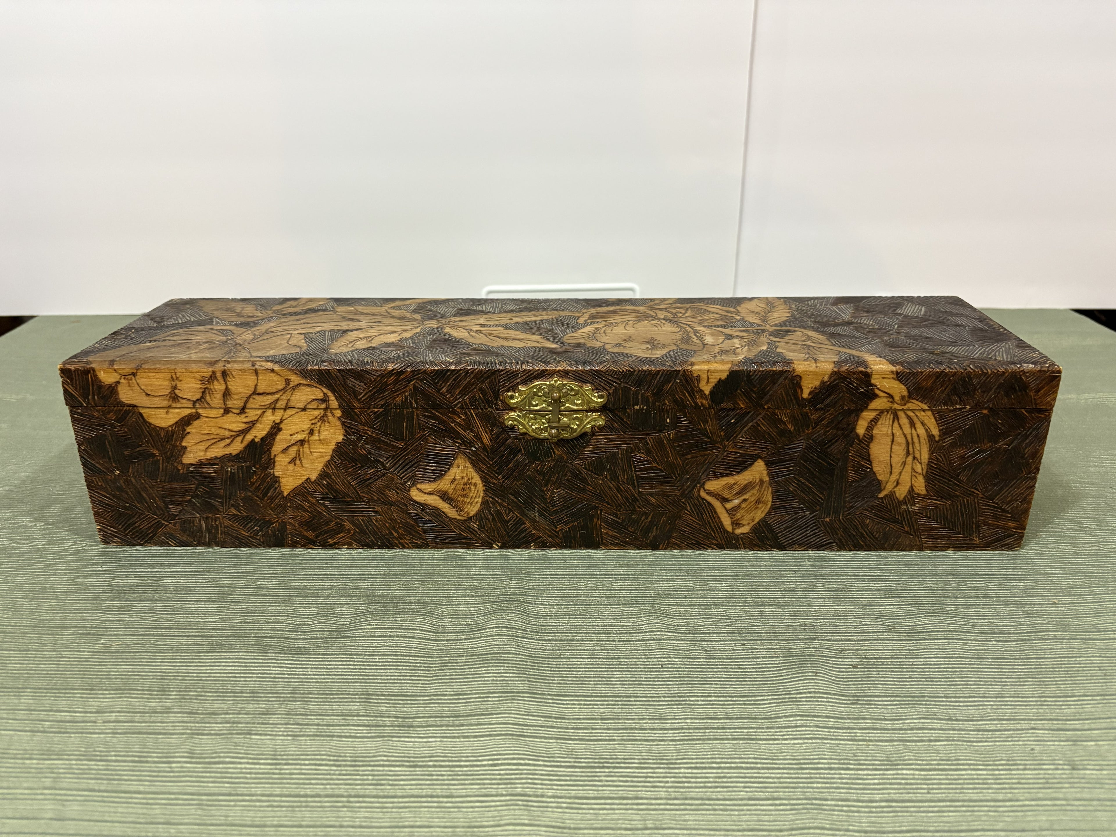 Edwardian Pyrography Wood-Burned Glove Box — Art Nouveau Floral Design with Original Pink Silk Ruched Lining