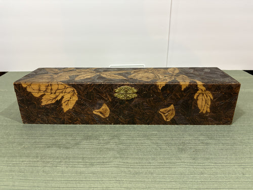 Edwardian Pyrography Wood-Burned Glove Box — Art Nouveau Floral Design with Original Pink Silk Ruched Lining