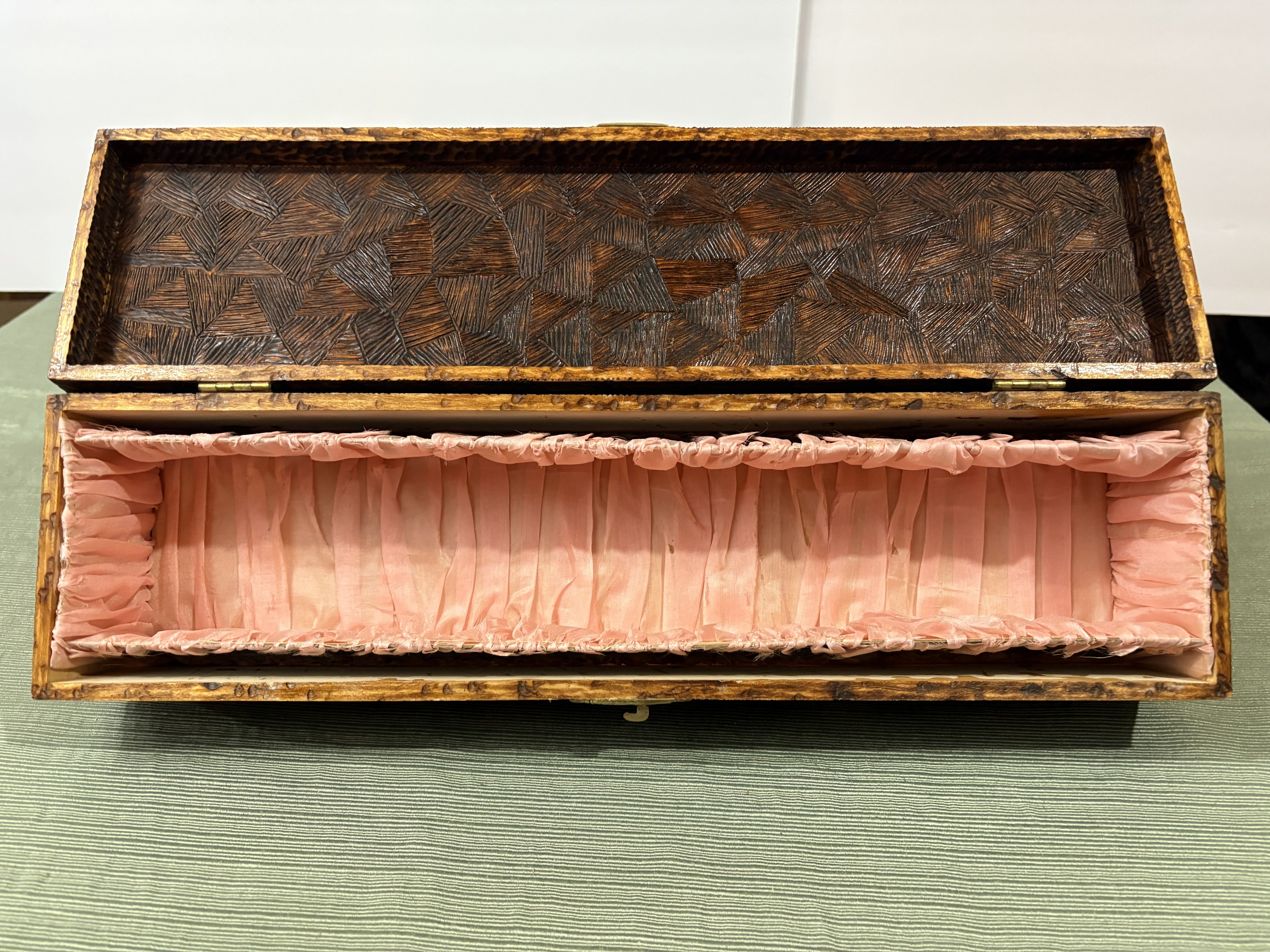 Edwardian Pyrography Wood-Burned Glove Box — Art Nouveau Floral Design with Original Pink Silk Ruched Lining