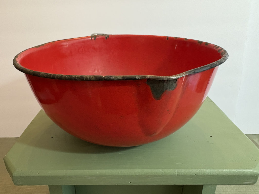 Vintage Red and Black Enamelware Mixing Bowl with Pour Spout — Mid-Century Farmhouse Kitchen Batter Bowl