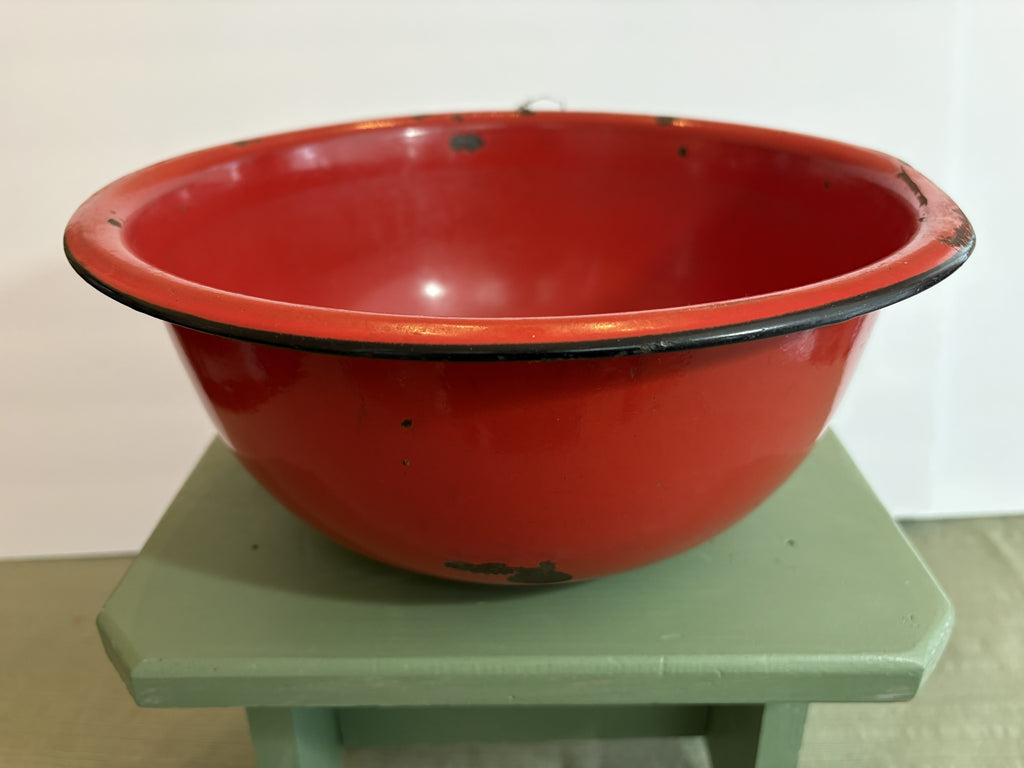 Vintage Red and Black Enamelware Nesting Mixing Bowl — Large Mid-Century Farmhouse Kitchen Bowl