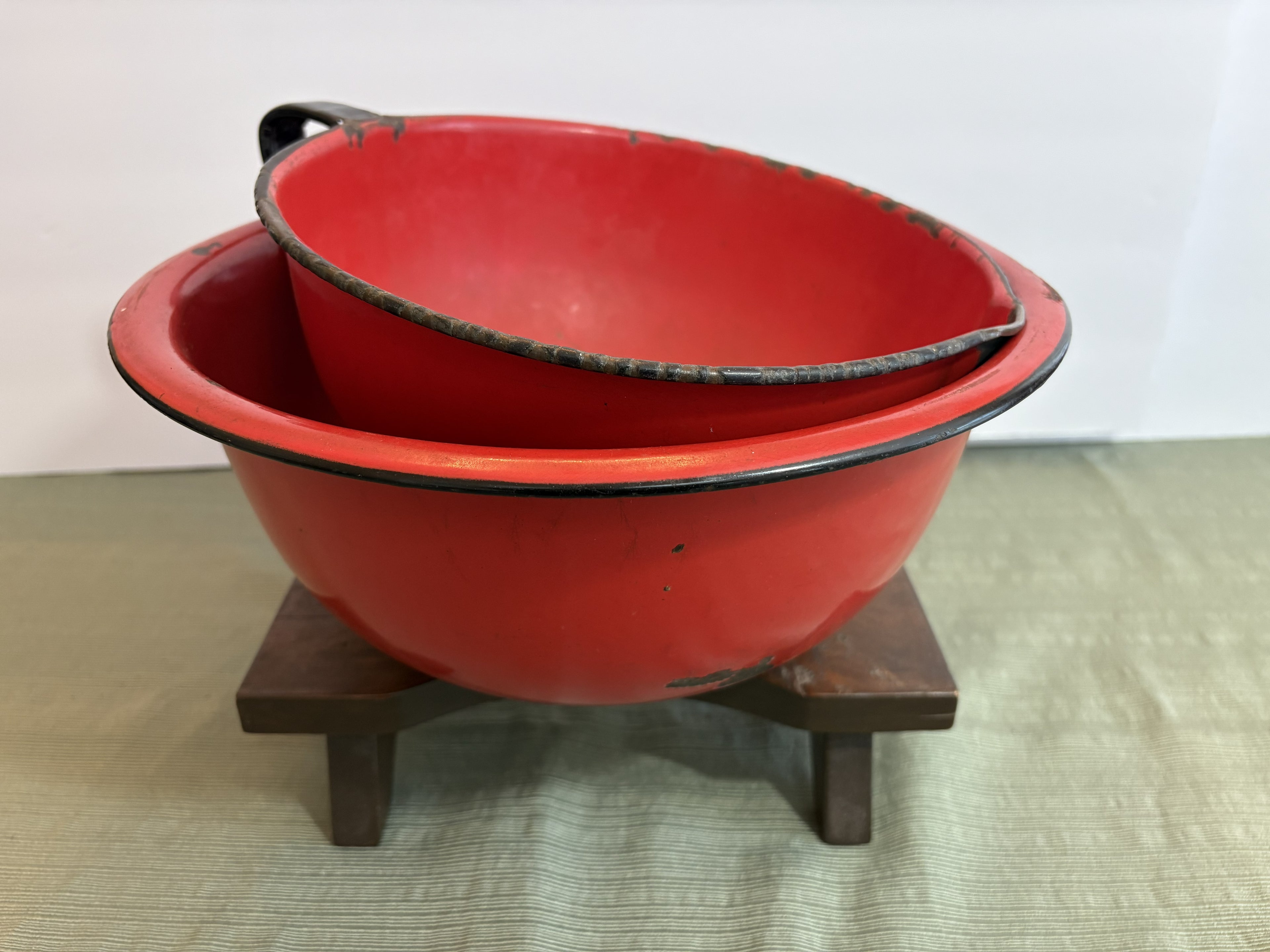 Vintage Red and Black Enamelware Mixing Bowl Set — Two Pieces, Mid-Century Farmhouse Kitchen Bundle