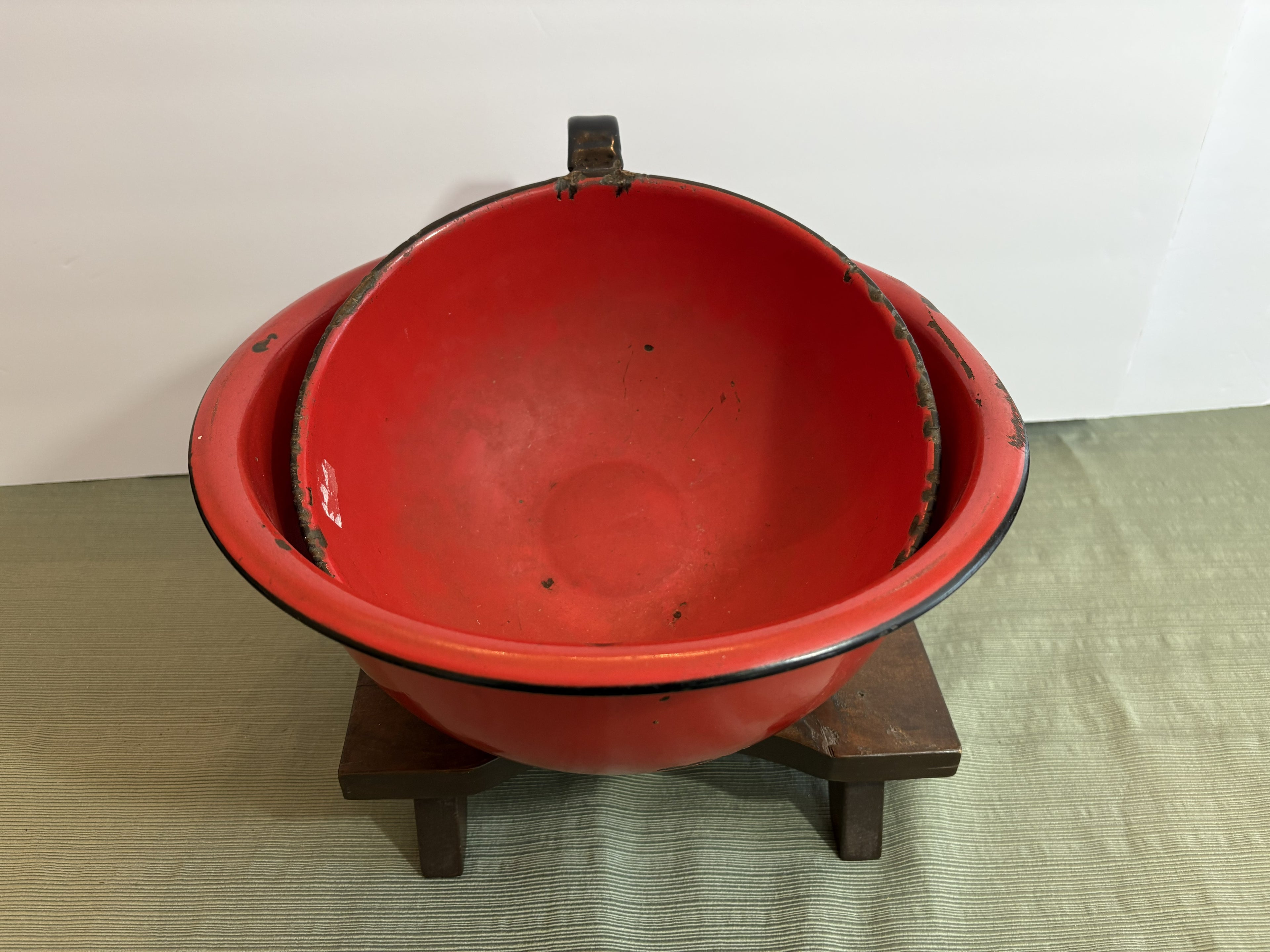Vintage Red and Black Enamelware Mixing Bowl Set — Two Pieces, Mid-Century Farmhouse Kitchen Bundle