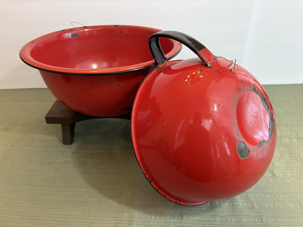 Vintage Red and Black Enamelware Mixing Bowl Set — Two Pieces, Mid-Century Farmhouse Kitchen Bundle