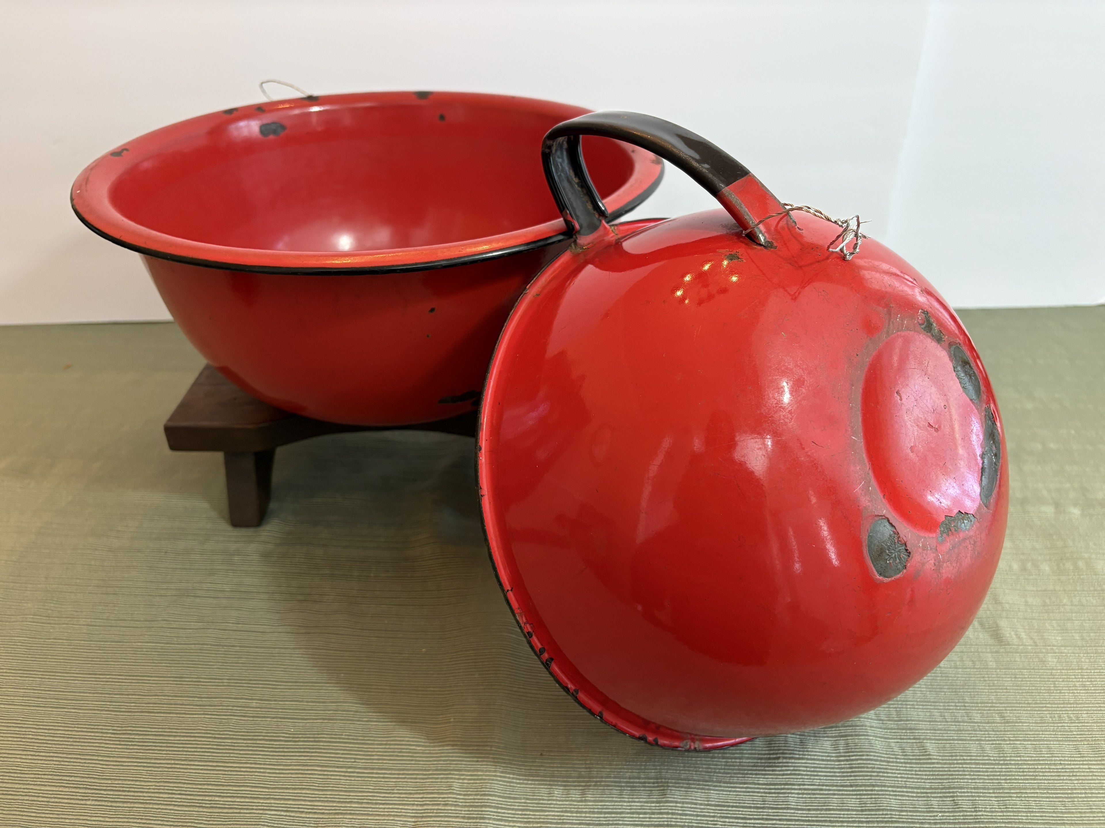 Vintage Red and Black Enamelware Mixing Bowl Set — Two Pieces, Mid-Century Farmhouse Kitchen Bundle