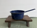 Vintage Cobalt Blue Speckled Enamelware Saucepan with Long Handle — Mid-Century Camp Cookware