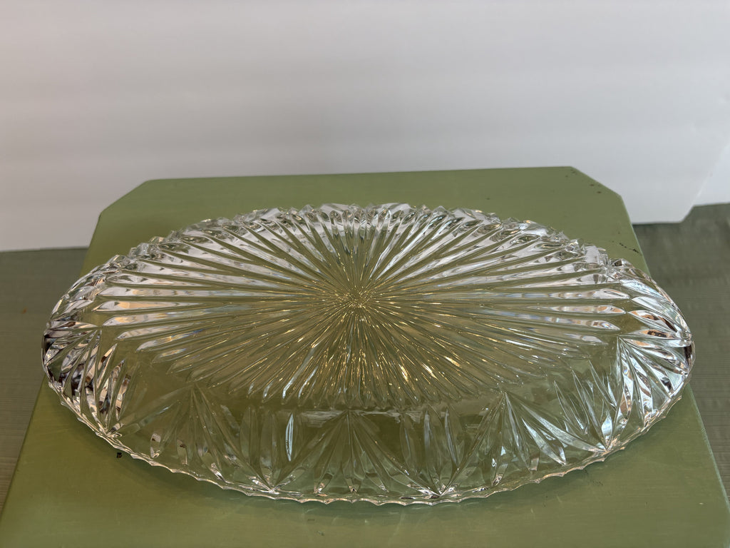 Pressed Glass Oval Relish Dish with Starburst Sunburst Pattern — Mid-Century Crystal-Style Olive Tray, Elegant Serveware