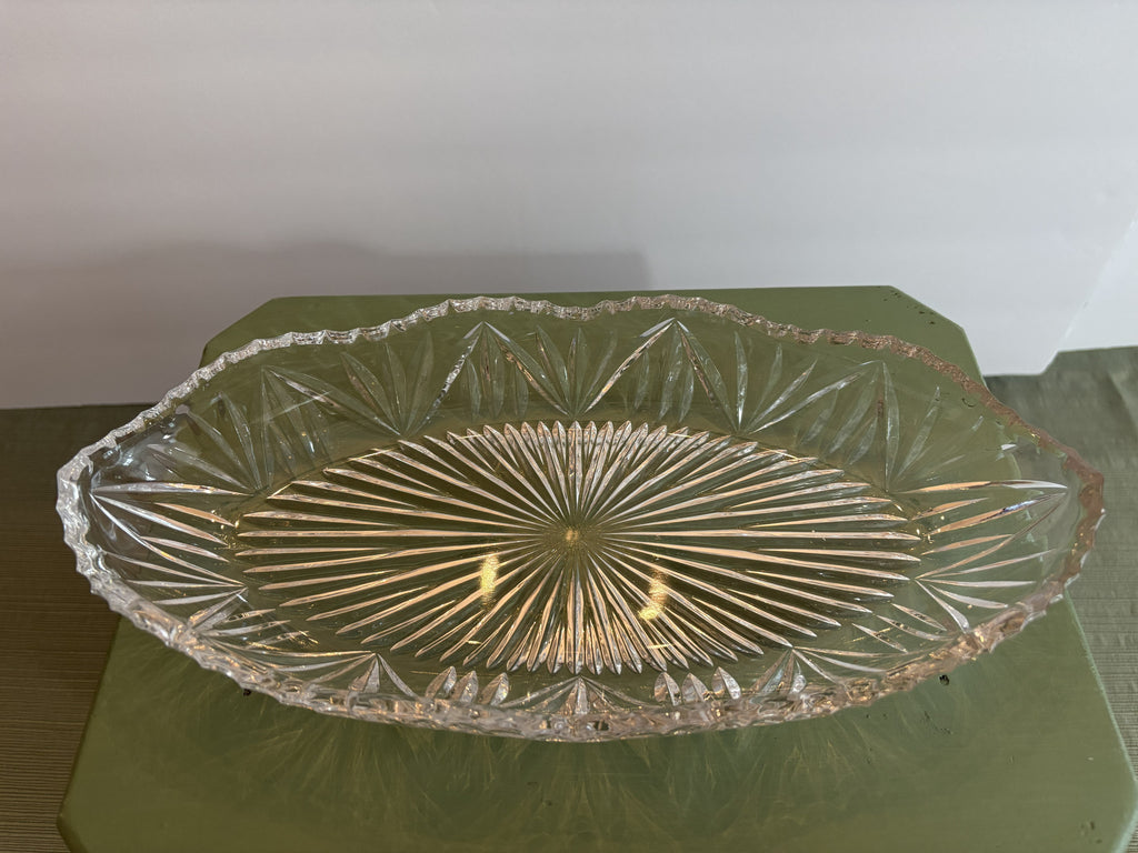 Pressed Glass Oval Relish Dish with Starburst Sunburst Pattern — Mid-Century Crystal-Style Olive Tray, Elegant Serveware