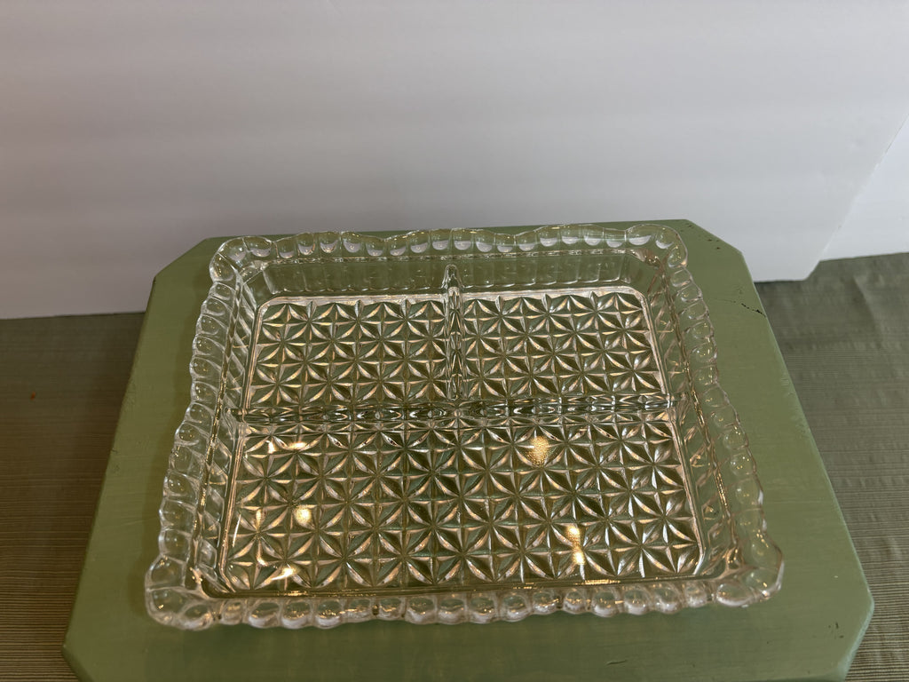 Pressed Glass Divided Relish Tray with Daisy & Button Pattern — Mid-Century Rectangular Serving Dish