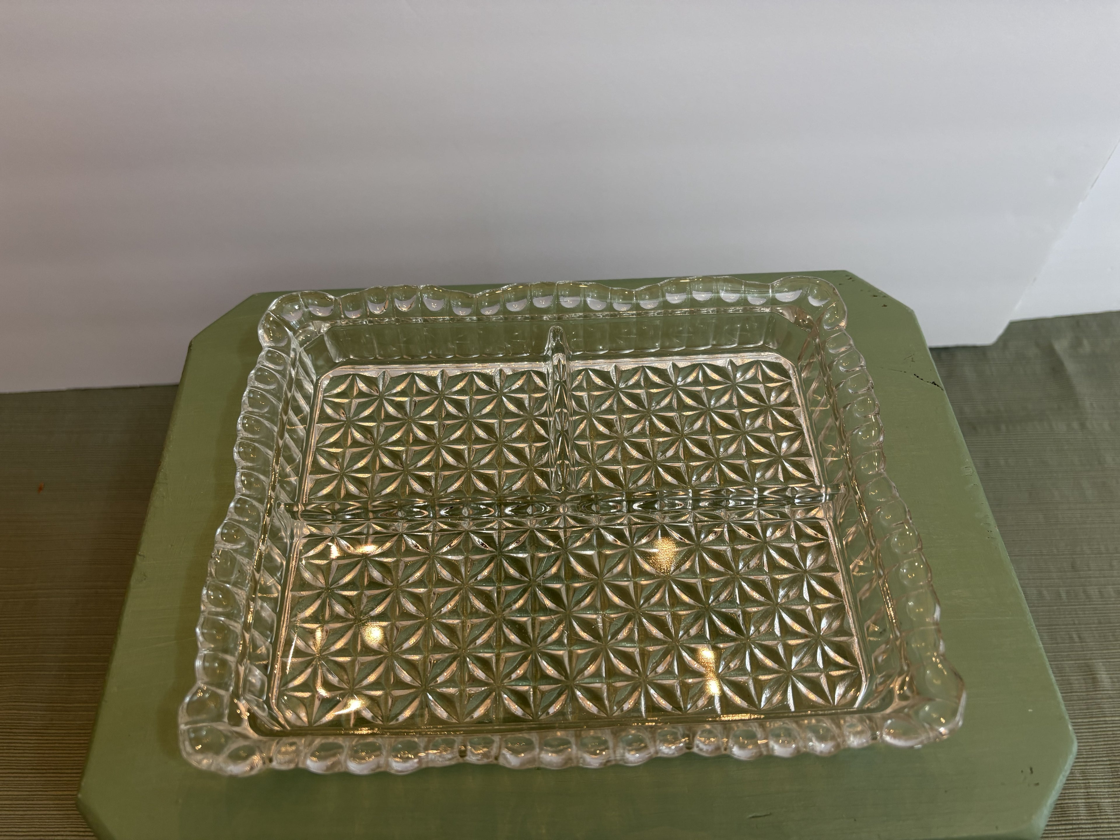 Pressed Glass Divided Relish Tray with Daisy & Button Pattern — Mid-Century Rectangular Serving Dish