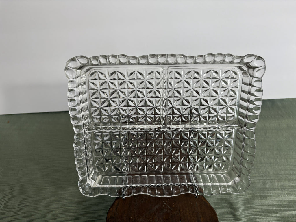 Pressed Glass Divided Relish Tray with Daisy & Button Pattern — Mid-Century Rectangular Serving Dish