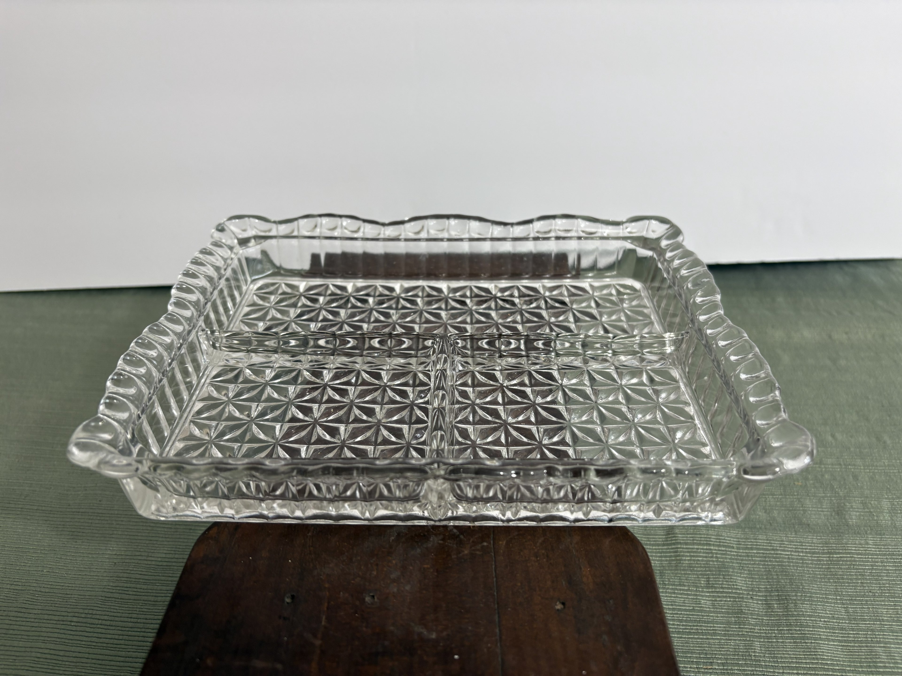 Pressed Glass Divided Relish Tray with Daisy & Button Pattern — Mid-Century Rectangular Serving Dish