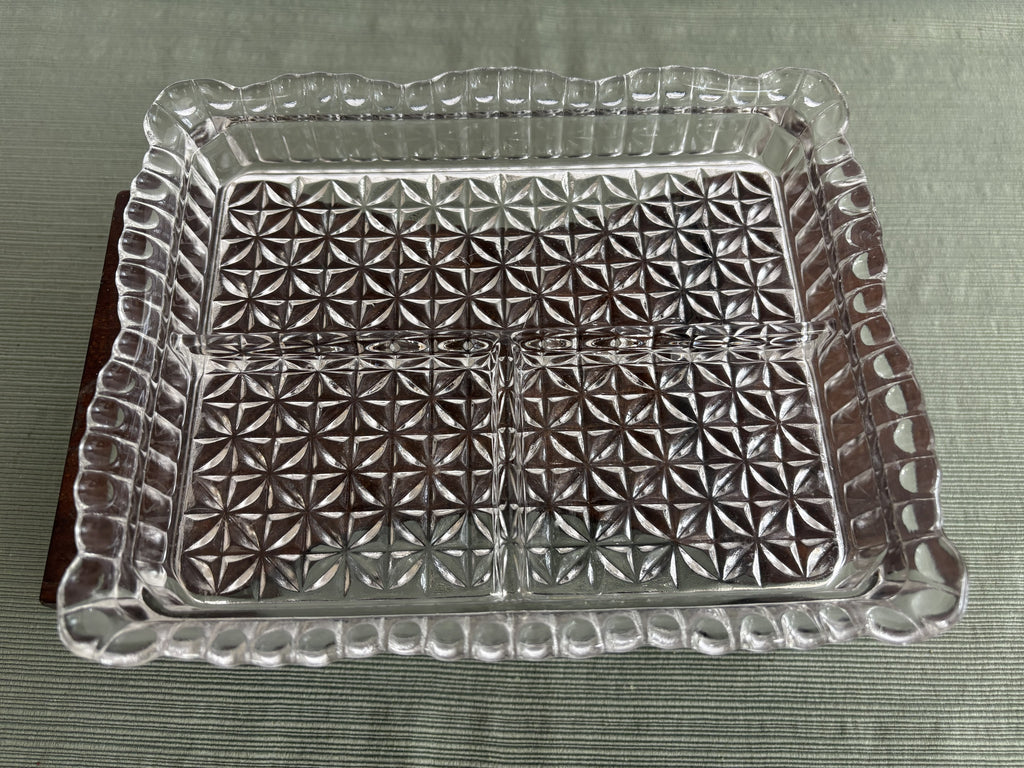 Pressed Glass Divided Relish Tray with Daisy & Button Pattern — Mid-Century Rectangular Serving Dish