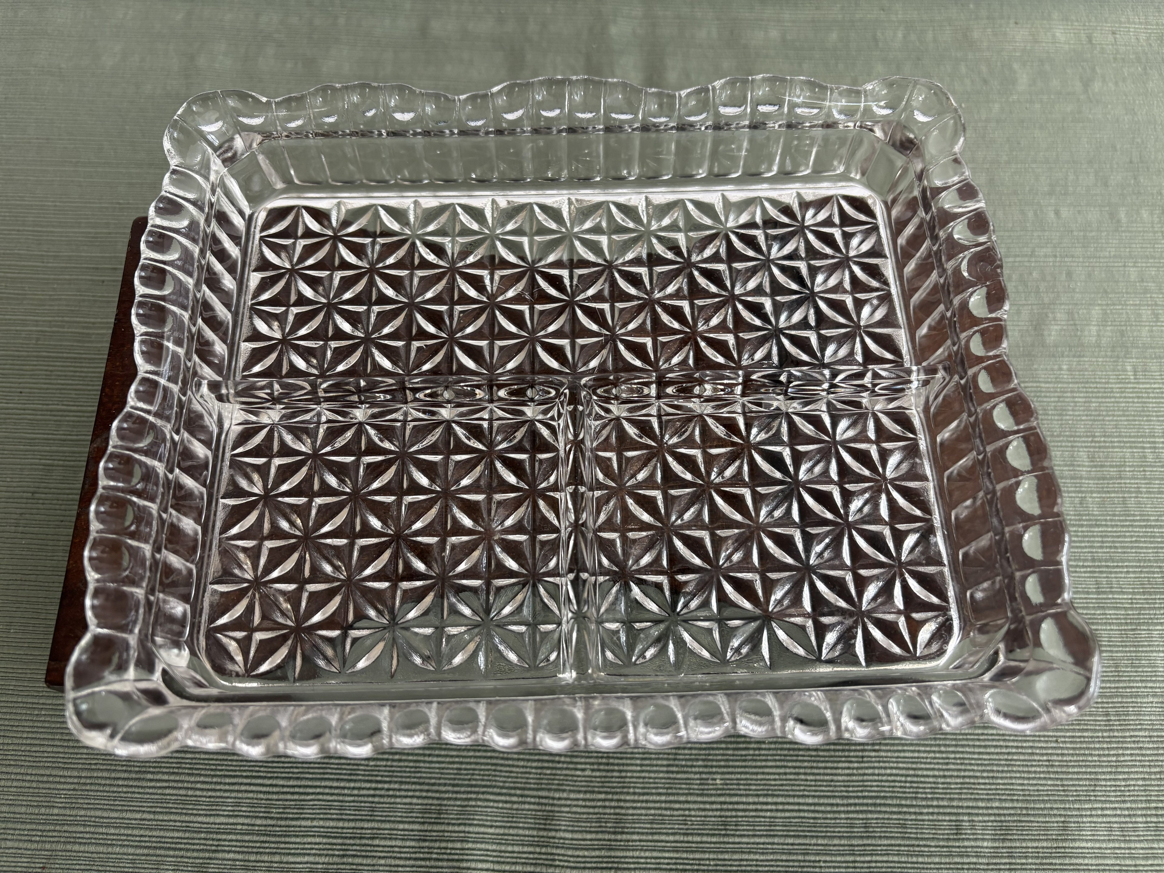 Pressed Glass Divided Relish Tray with Daisy & Button Pattern — Mid-Century Rectangular Serving Dish