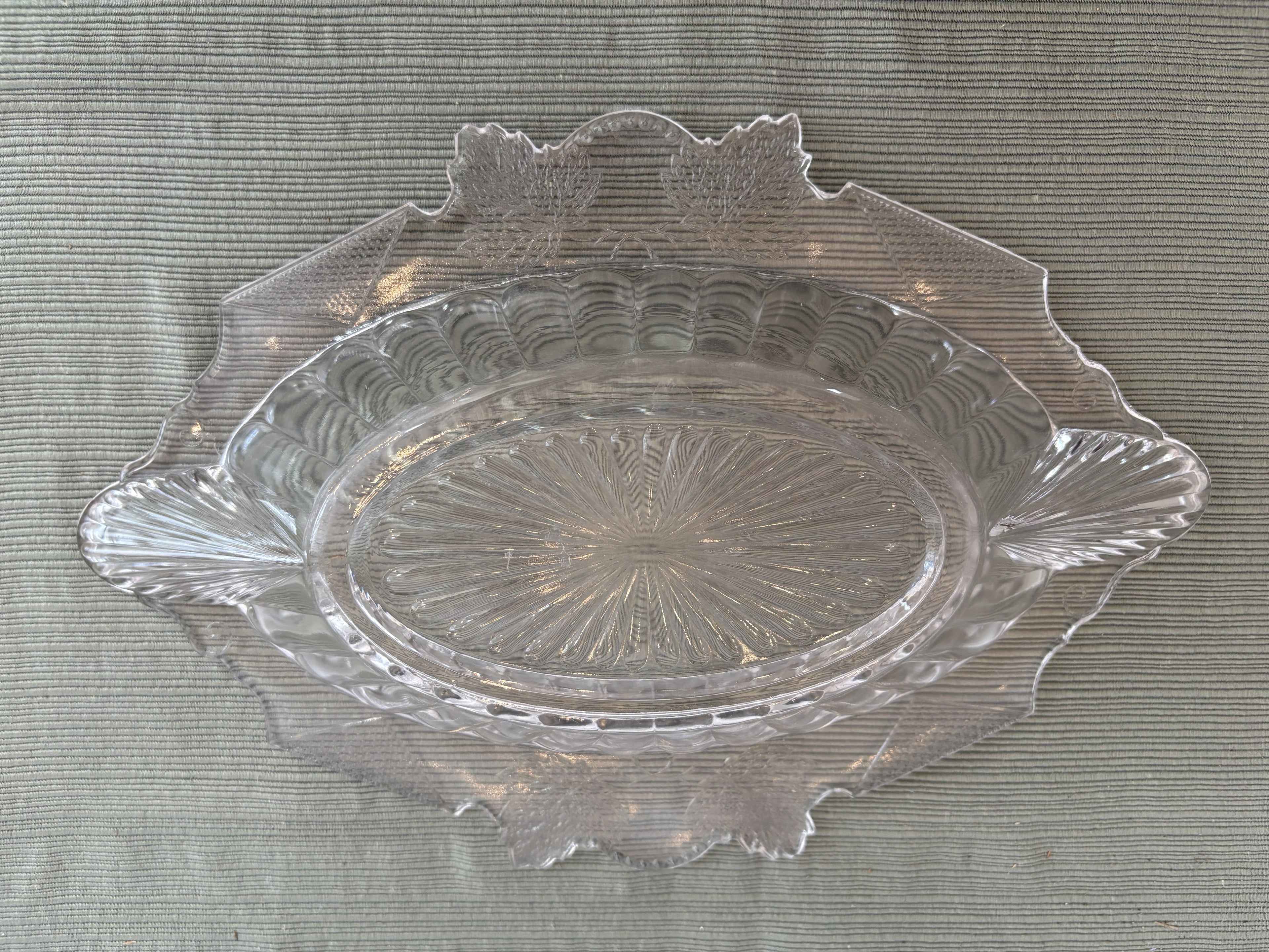 Pressed Glass Oval Serving Tray with Embossed Leaves and Art Deco Detailing