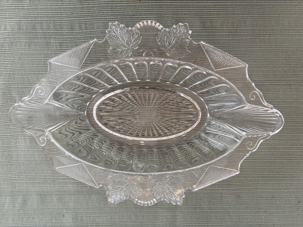 Pressed Glass Oval Serving Tray with Embossed Leaves and Art Deco Detailing