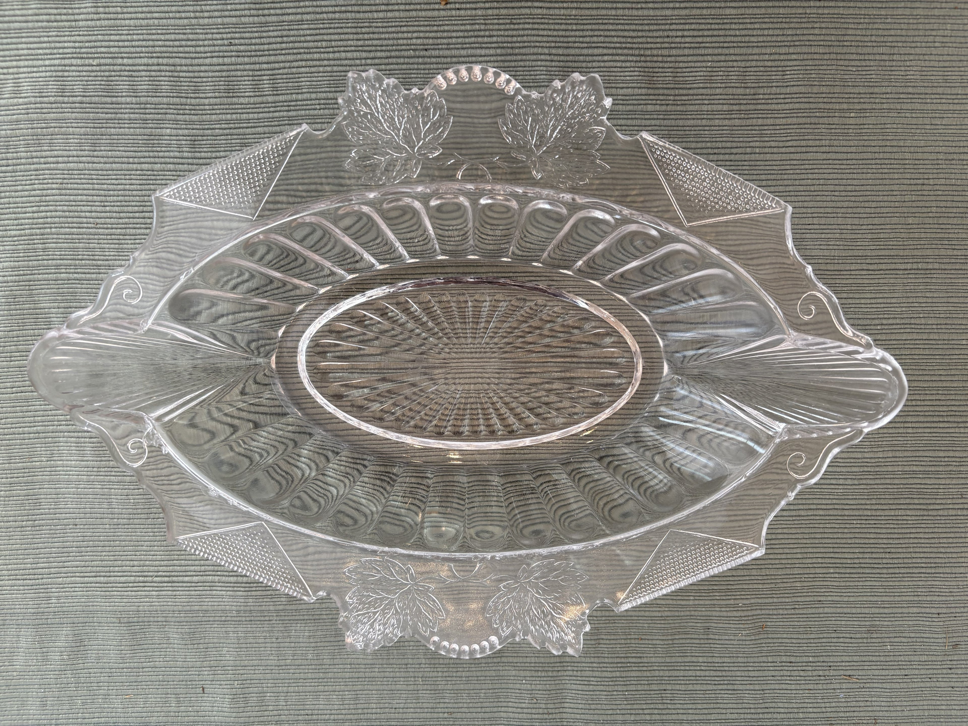 Pressed Glass Oval Serving Tray with Embossed Leaves and Art Deco Detailing