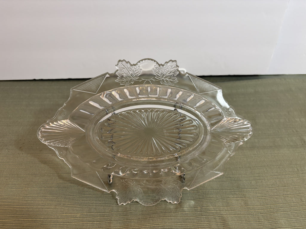 Pressed Glass Oval Serving Tray with Embossed Leaves and Art Deco Detailing