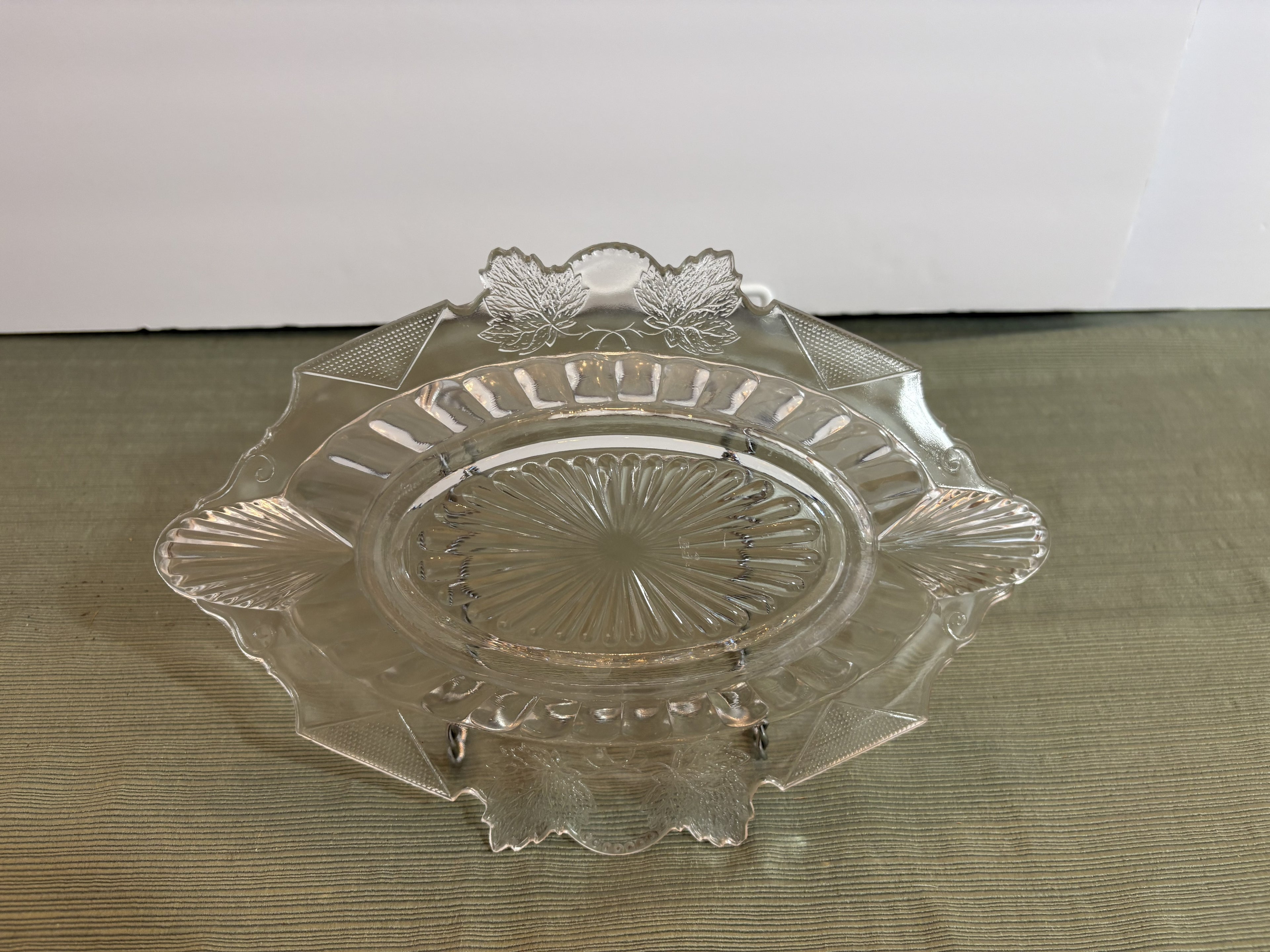 Pressed Glass Oval Serving Tray with Embossed Leaves and Art Deco Detailing