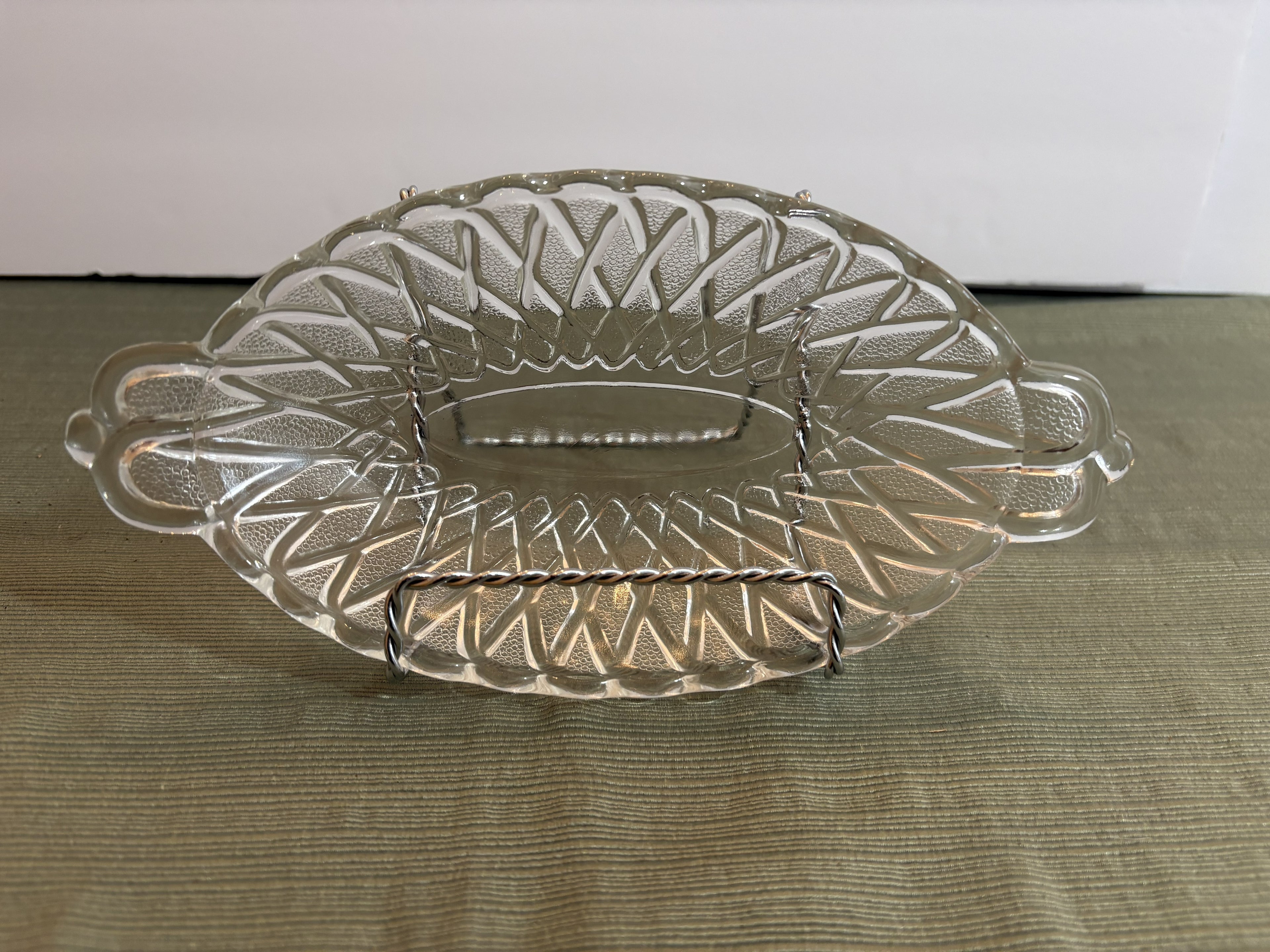 Pressed Glass Olive Relish Dish with Diamond Lattice Pattern — Small Oval Serving Dish